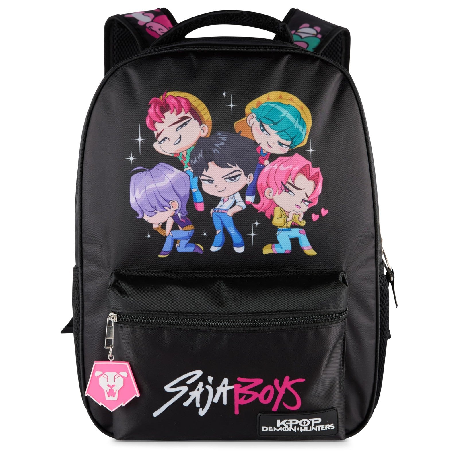 K Pop Demon Hunters Chibi Saja Boys 16” Backpack for Girls, Rubber Molded Charm,1