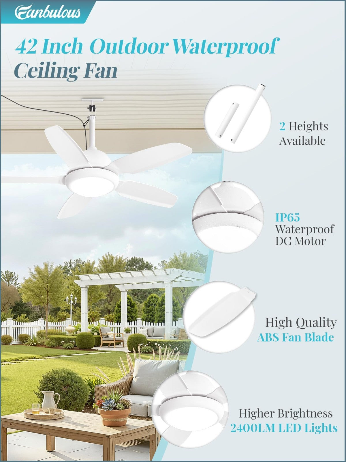 42" Waterproof Outdoor Ceiling Fan with Light, IP65, 3CCT Dimmable, Remote, 6 Sp2