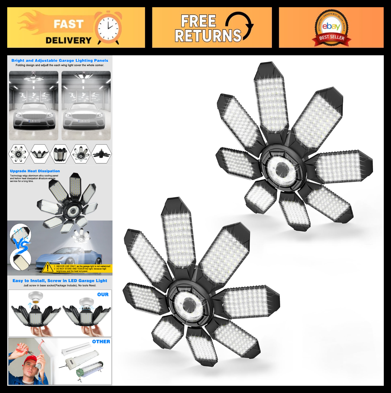 Ultra Bright 40,000LM LED Garage Lights 6500K Daylight | 8 Deformable Panels, E20