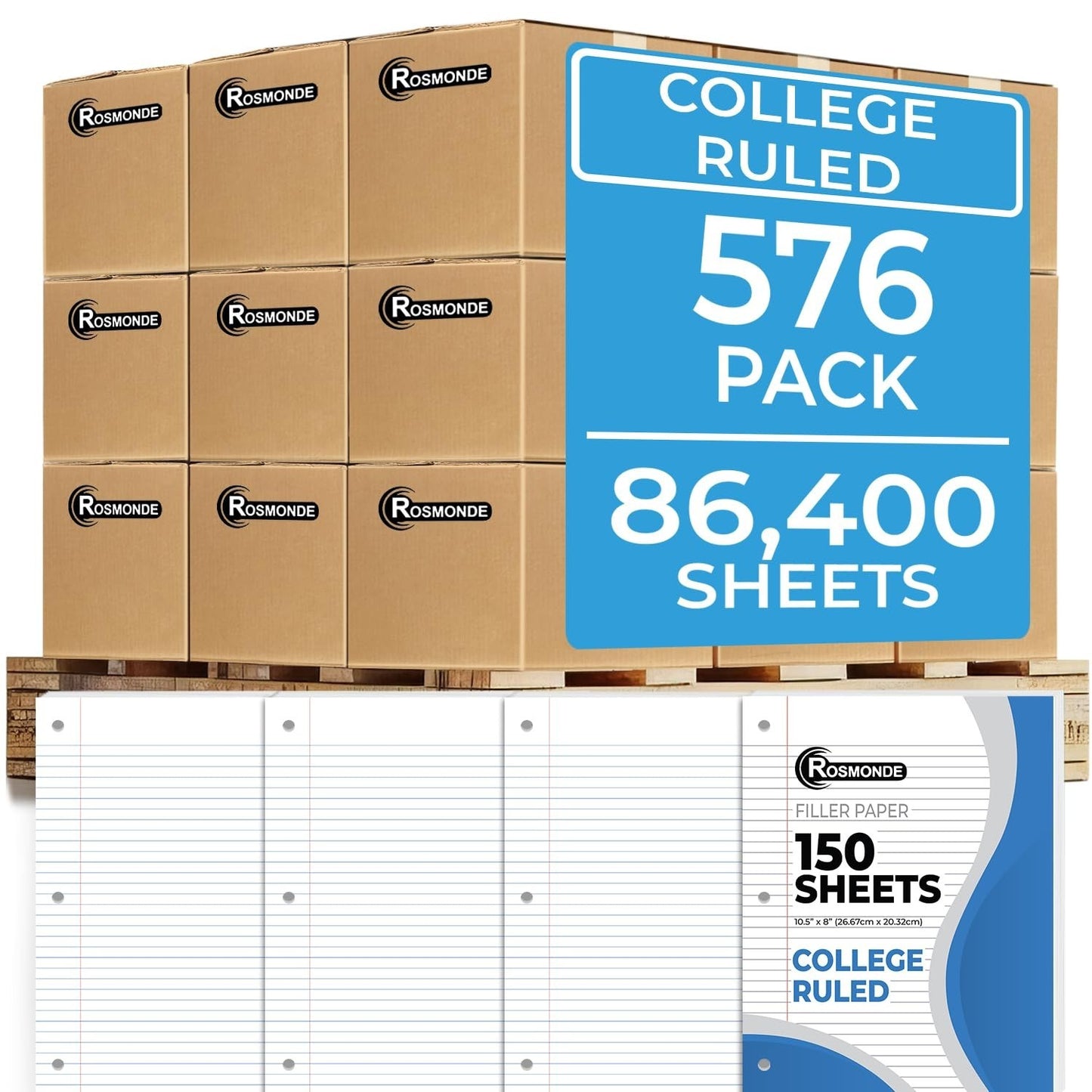 576 Pack Loose Leaf Paper Bulk   86400 Sheets, College Ruled, 3 Hole Punched, Fi1
