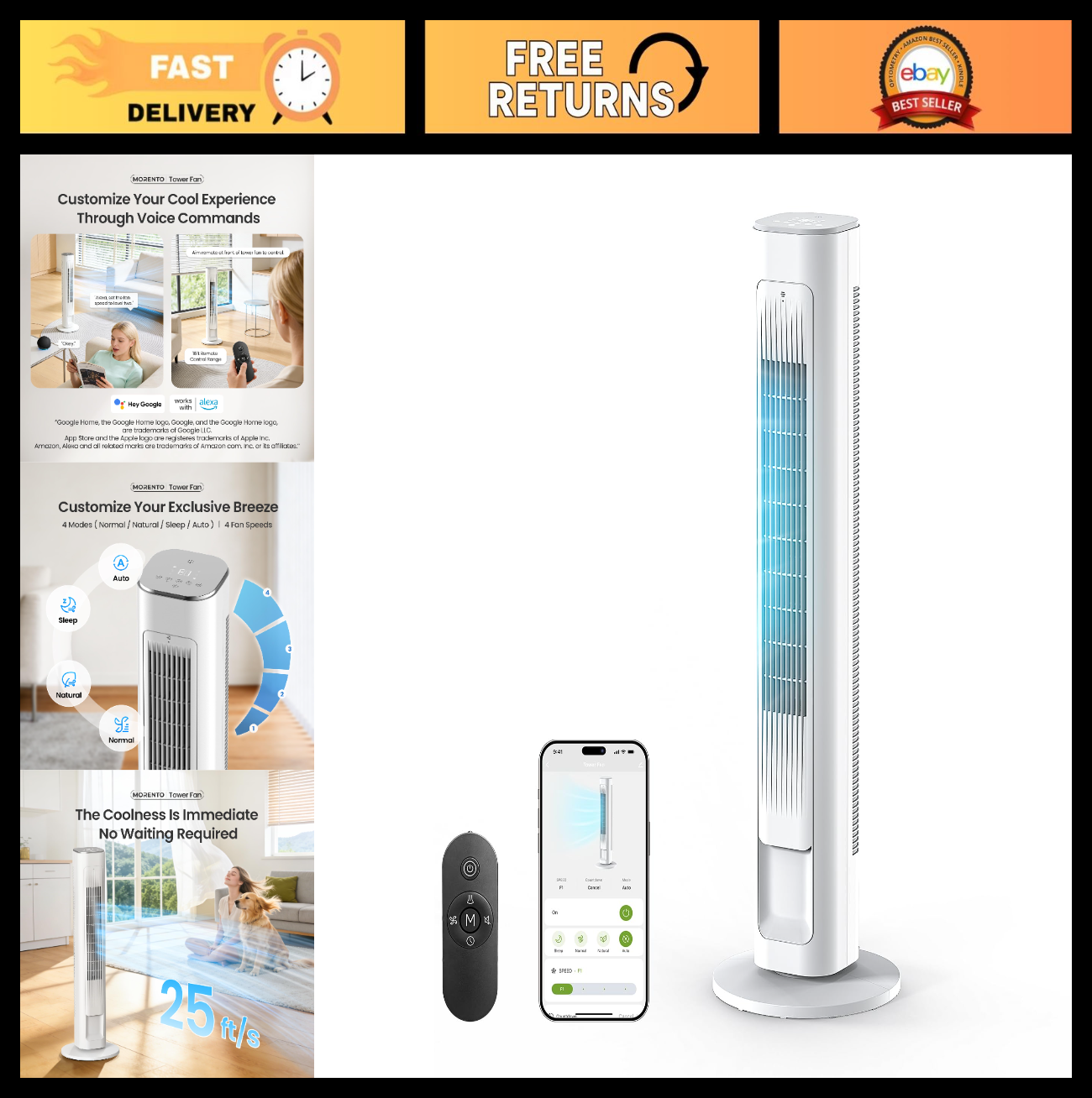 43" Smart Tower Fan   90° Oscillation, 12H Timer, 4 Modes & Speeds, Quiet 28dB,0