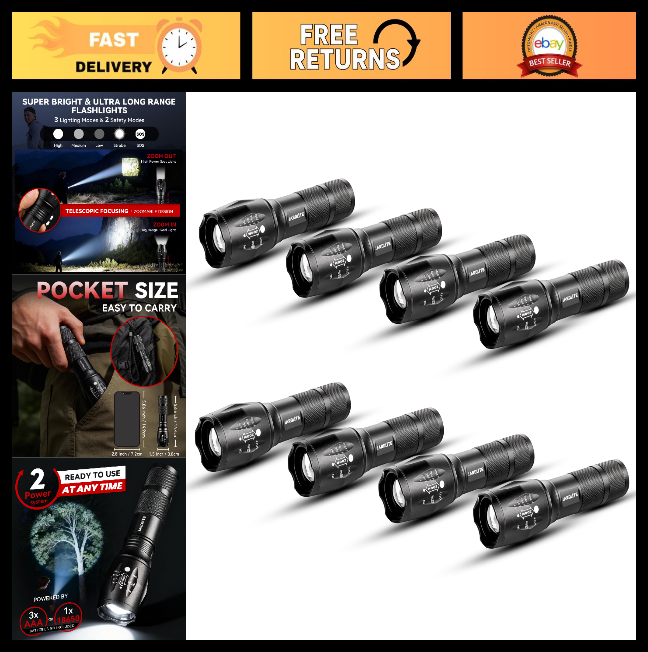 8 Pack LED Emergency Flashlights   Adjustable Focus, Water Resistant, 5 Modes, T0