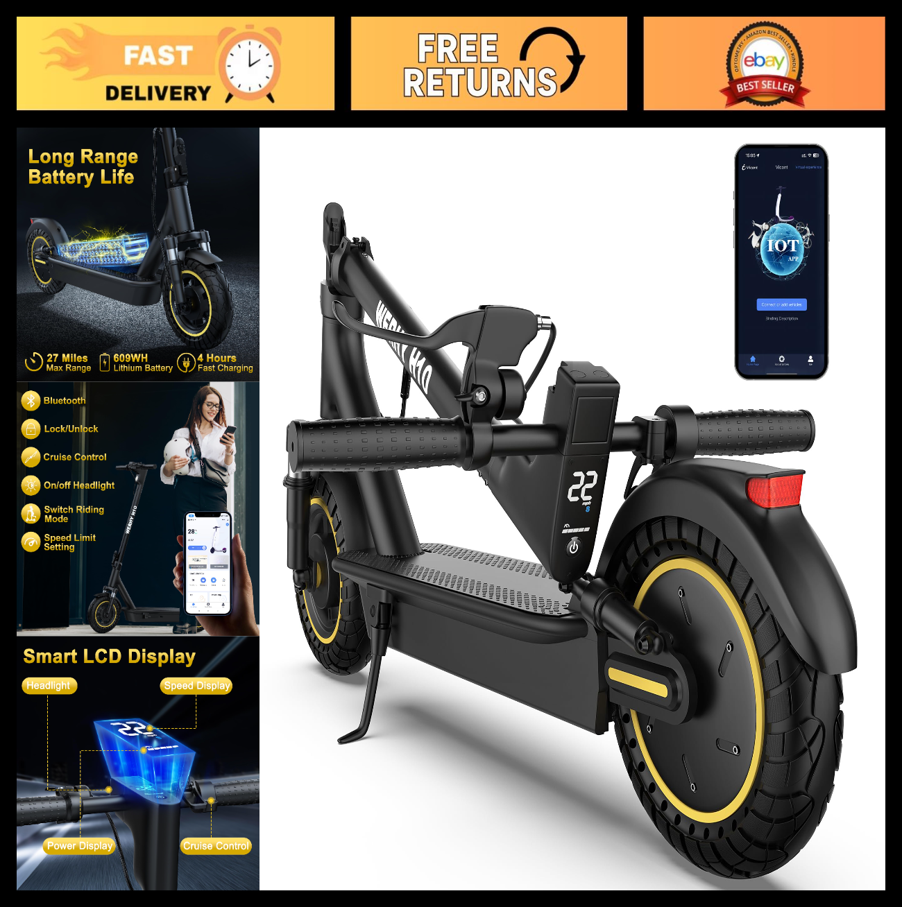 Powerful 500W Electric Scooter, 19MPH Speed, 16-27 Miles Range, Folding E-Scoote0