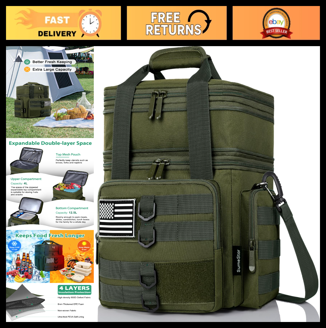 Tactical Insulated Lunch Bag - Large Expandable Cooler for Work, Camping, Leakpr0