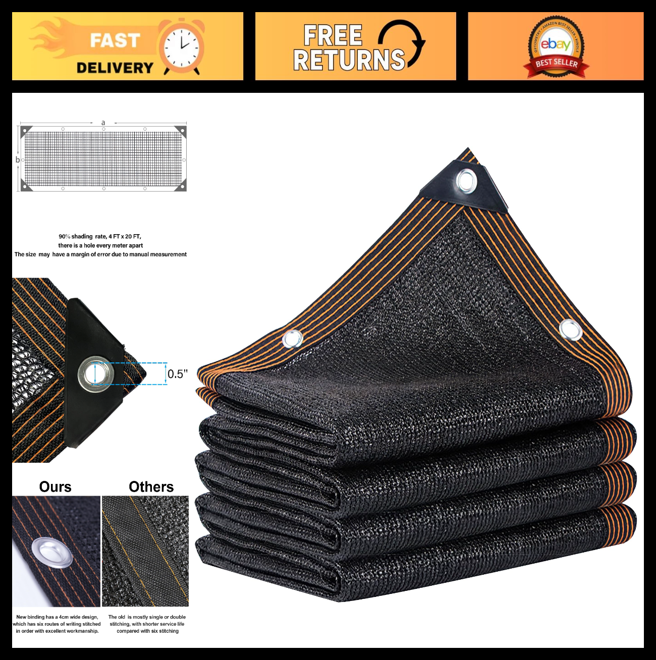 90% Black Shade Cloth 4x20 FT - Garden Mesh Tarp for Greenhouse, Patio, Plants &0