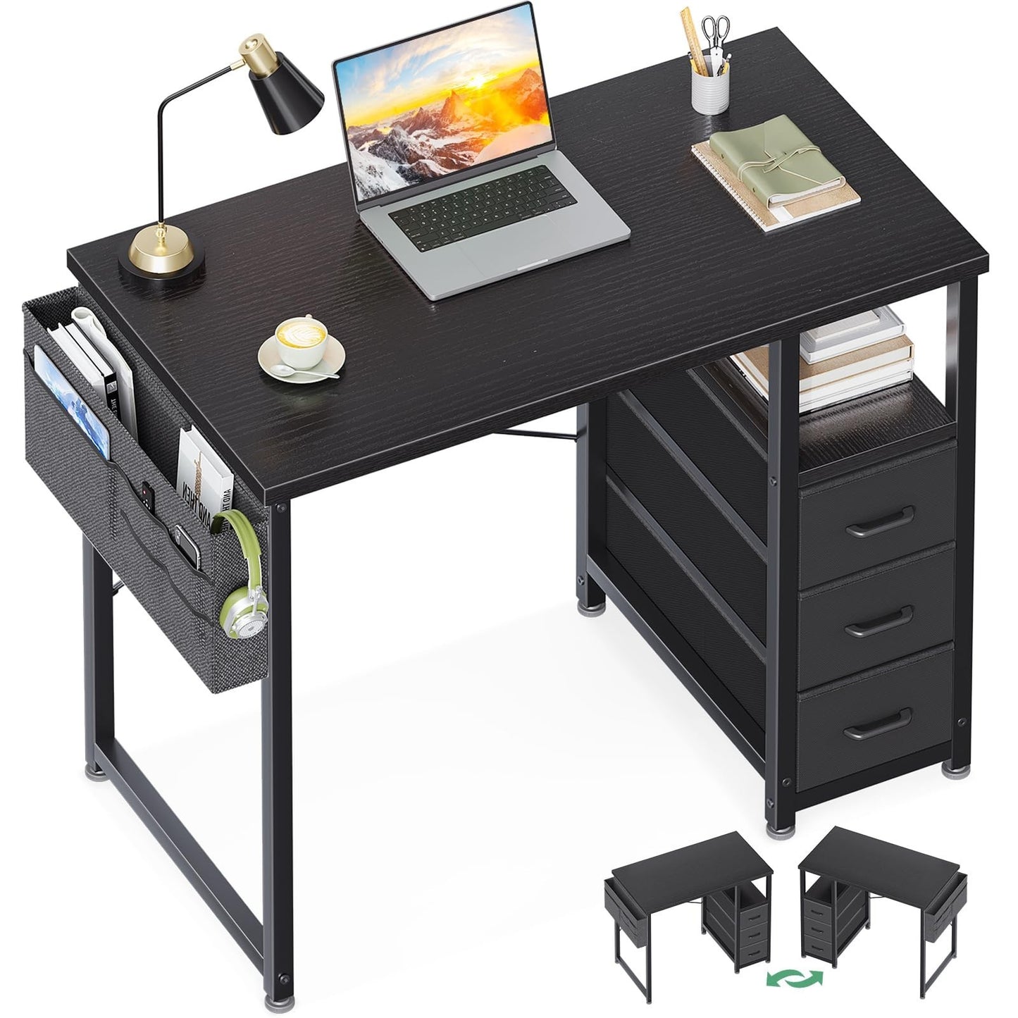 Compact 32" Study Desk with Fabric Drawers, Storage Shelf for Small Spaces1