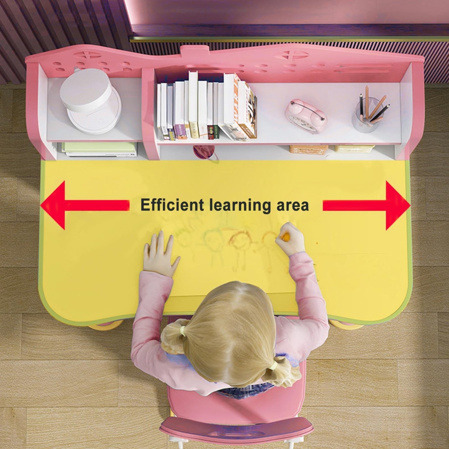 Kids Adjustable Height Study Desk & Chair Set, Cartoon Pattern, Widened Desktop,6