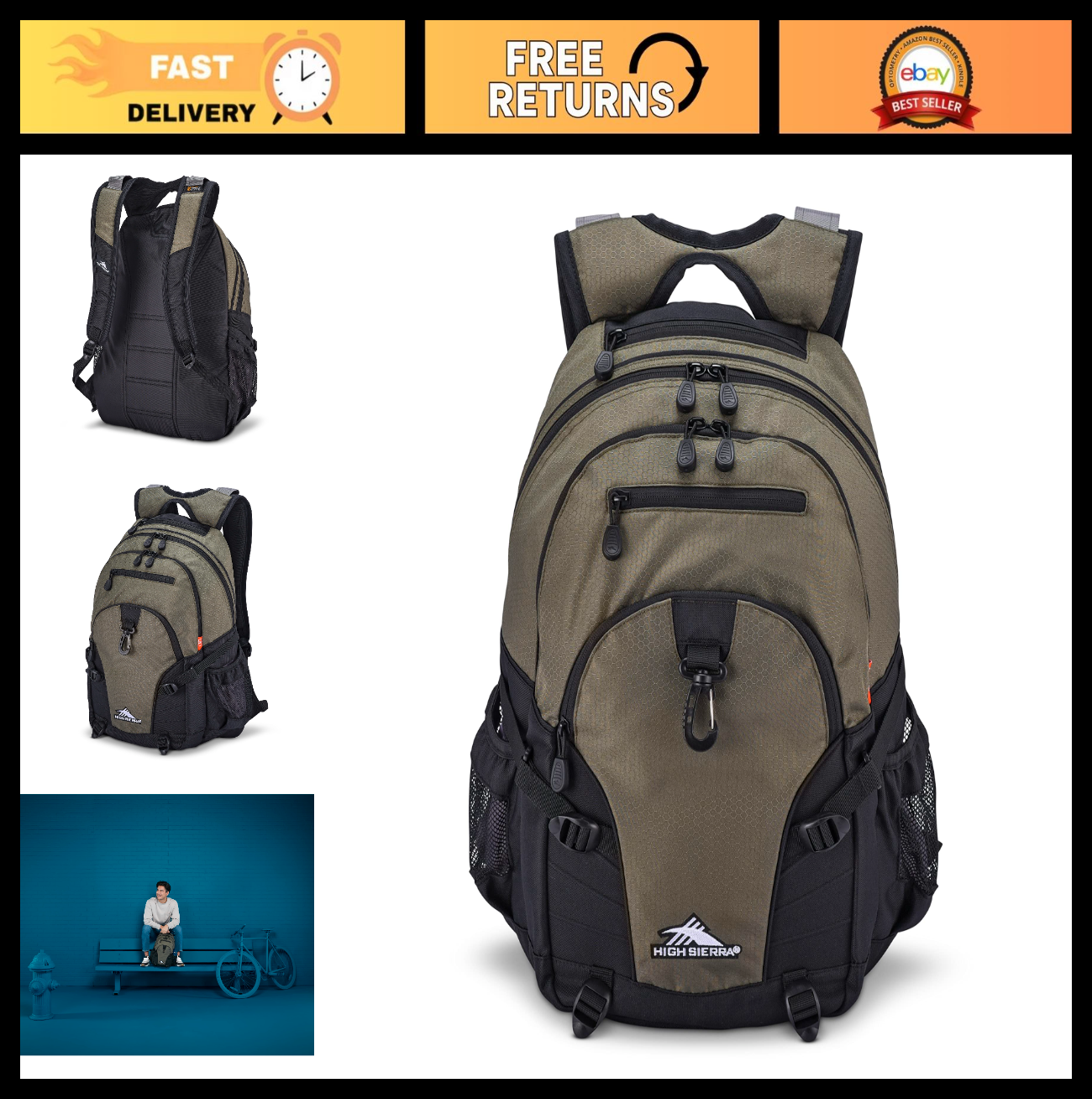 Versatile Olive Backpack for Travel or Work, Tablet Sleeve, One Size, Durable De0