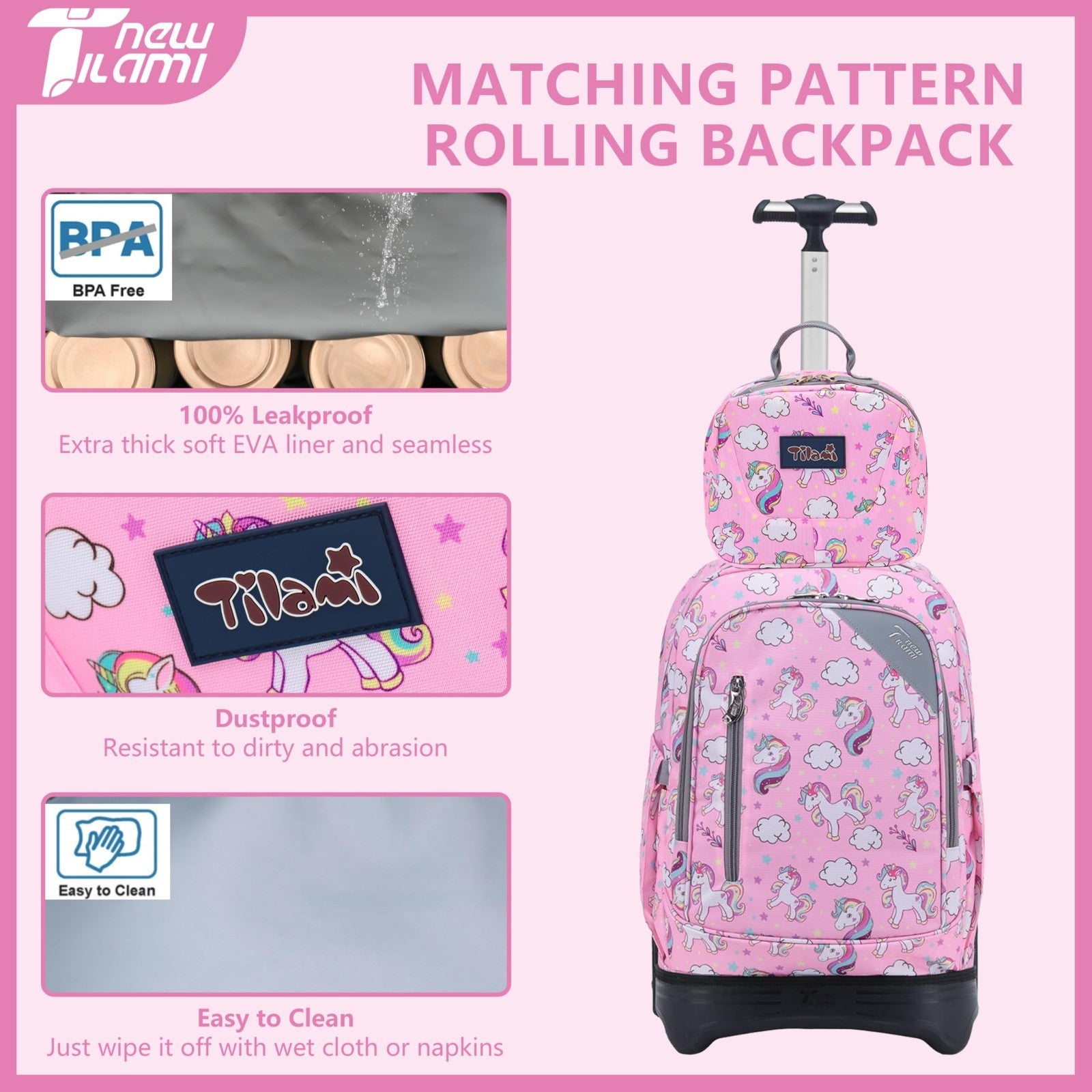 18" Rolling Backpack with Lunch Bag for Kids, School, Travel, Girls & Boys6