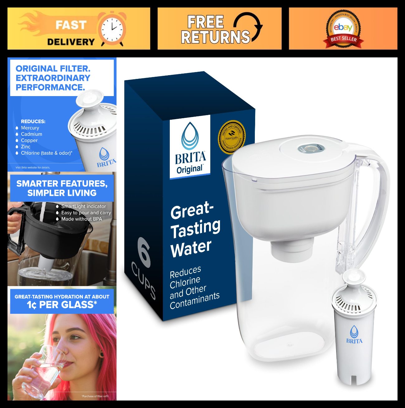 6 Cup Water Filter Pitcher with SmartLight Indicator, BPA Free, Eco Friendly, Re0