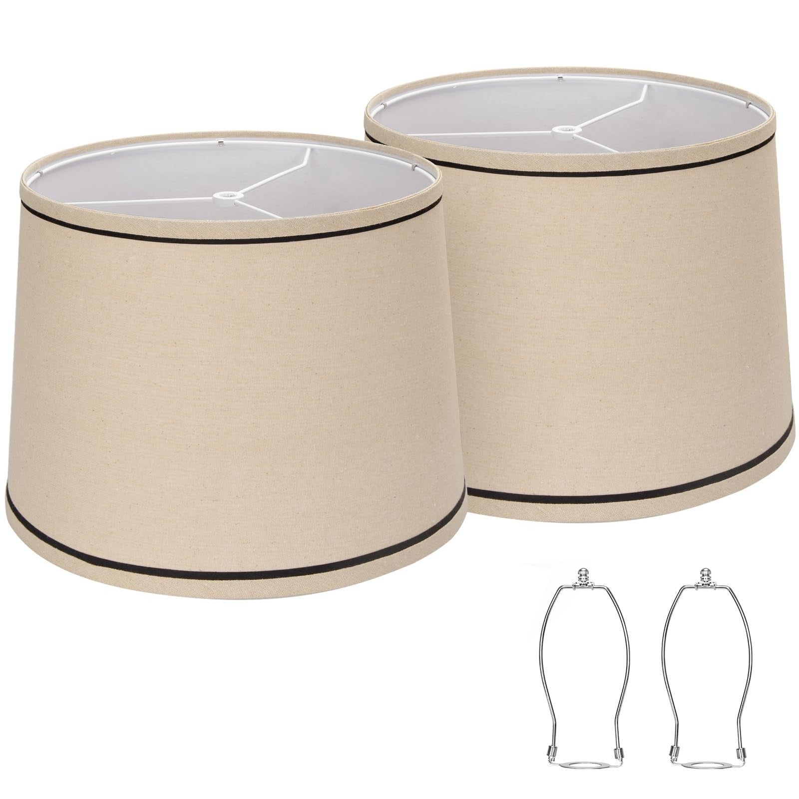 Set of 2 Drum Lampshades 11.6" x 12.6" Beige with Black Rim, Natural Linen, Easy1