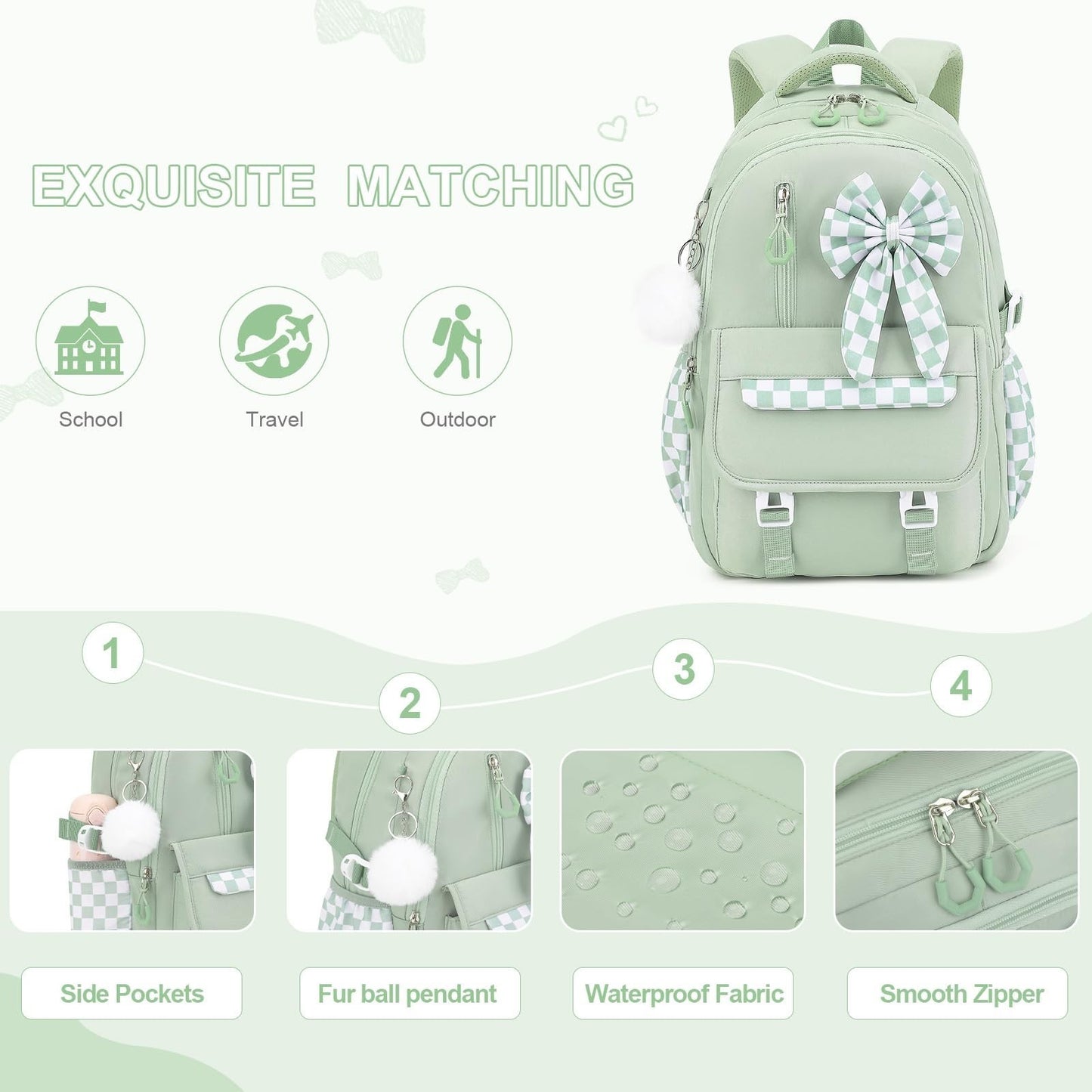 Girls Bow Backpack Set   3PCS with Lunch Bag & Pencil Case   Stylish School Bag4