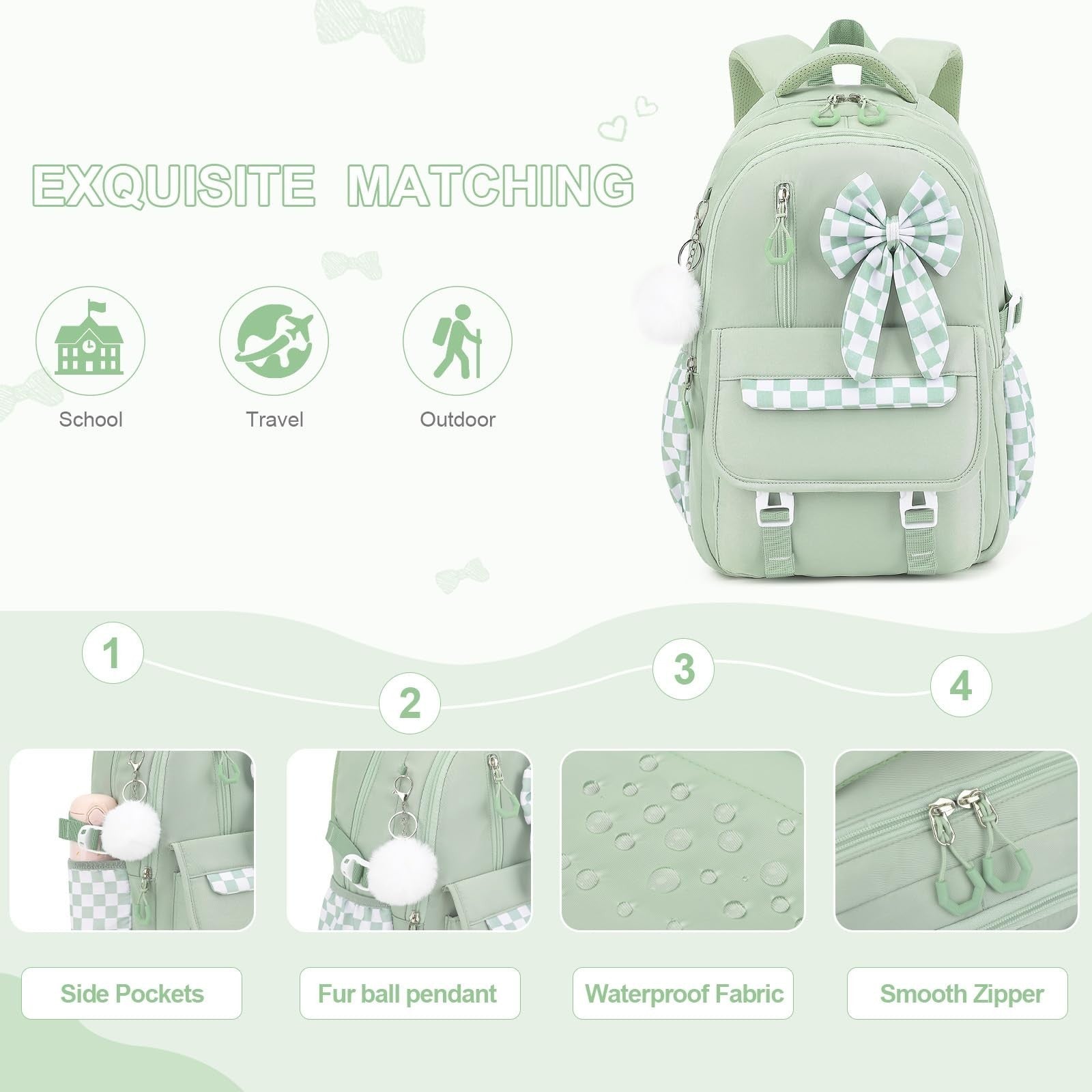 Girls Bow Backpack Set   3PCS with Lunch Bag & Pencil Case   Stylish School Bag4