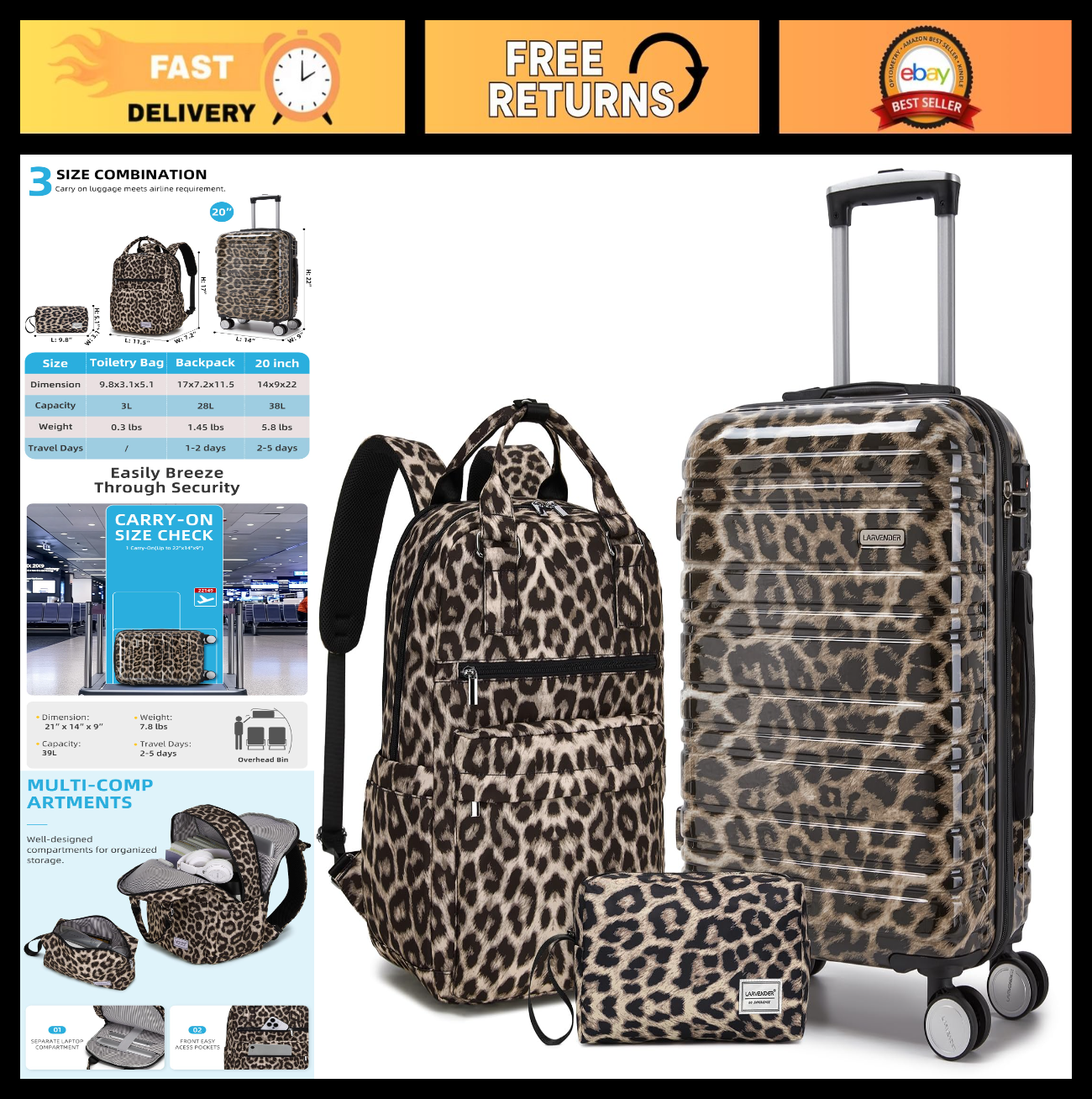 3-Piece Carry-On Luggage Set, 20" Suitcase with Wheels, Lightweight Leopard Prin0