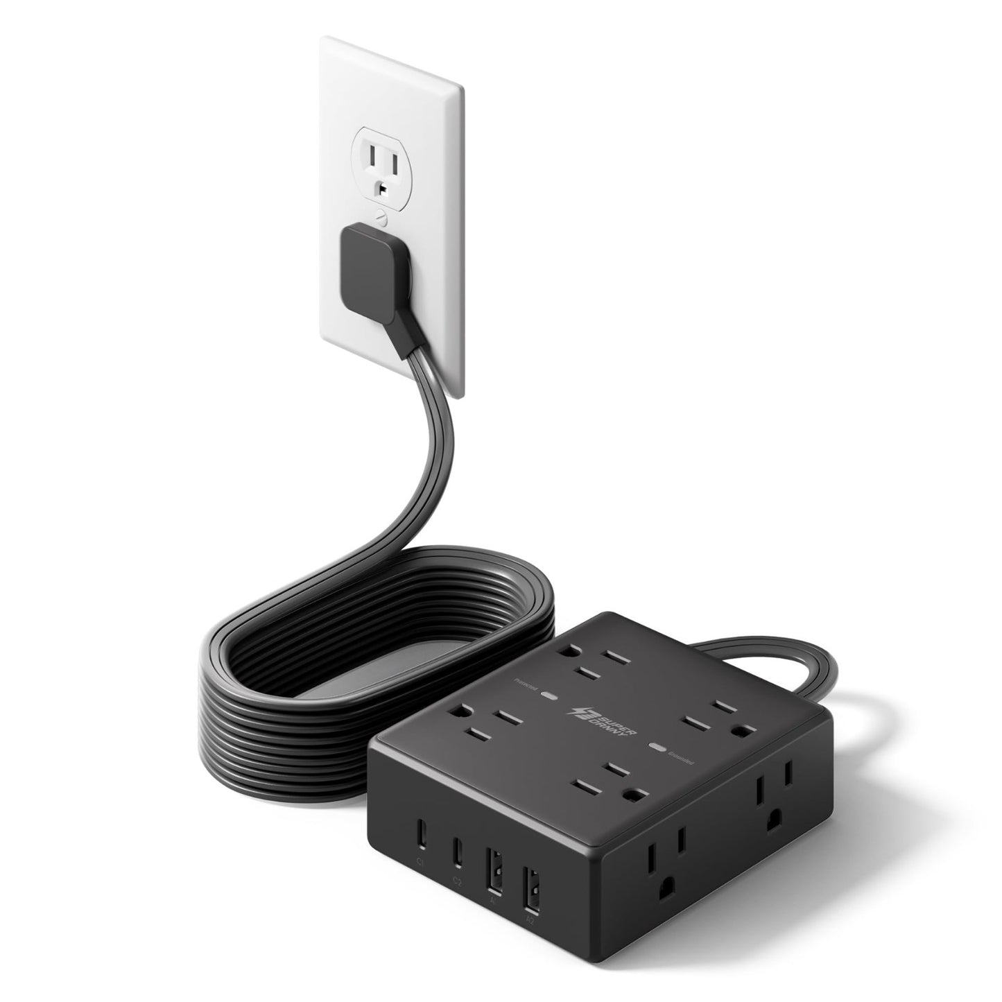 10FT Flat Plug Extension Cord with Surge Protector Power Strip   6 Outlets1