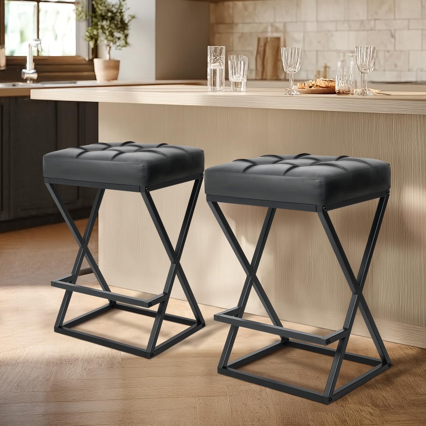 Set of 2 Backless 26" Counter Height Bar Stools, Faux Leather, Modern X-Frame Me7