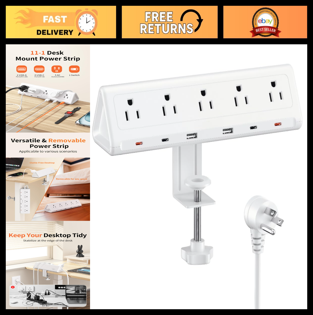 6.5FT Desk Clamp Power Strip   5 AC Outlets, 6 USB Ports, PD 40W Fast Charging0