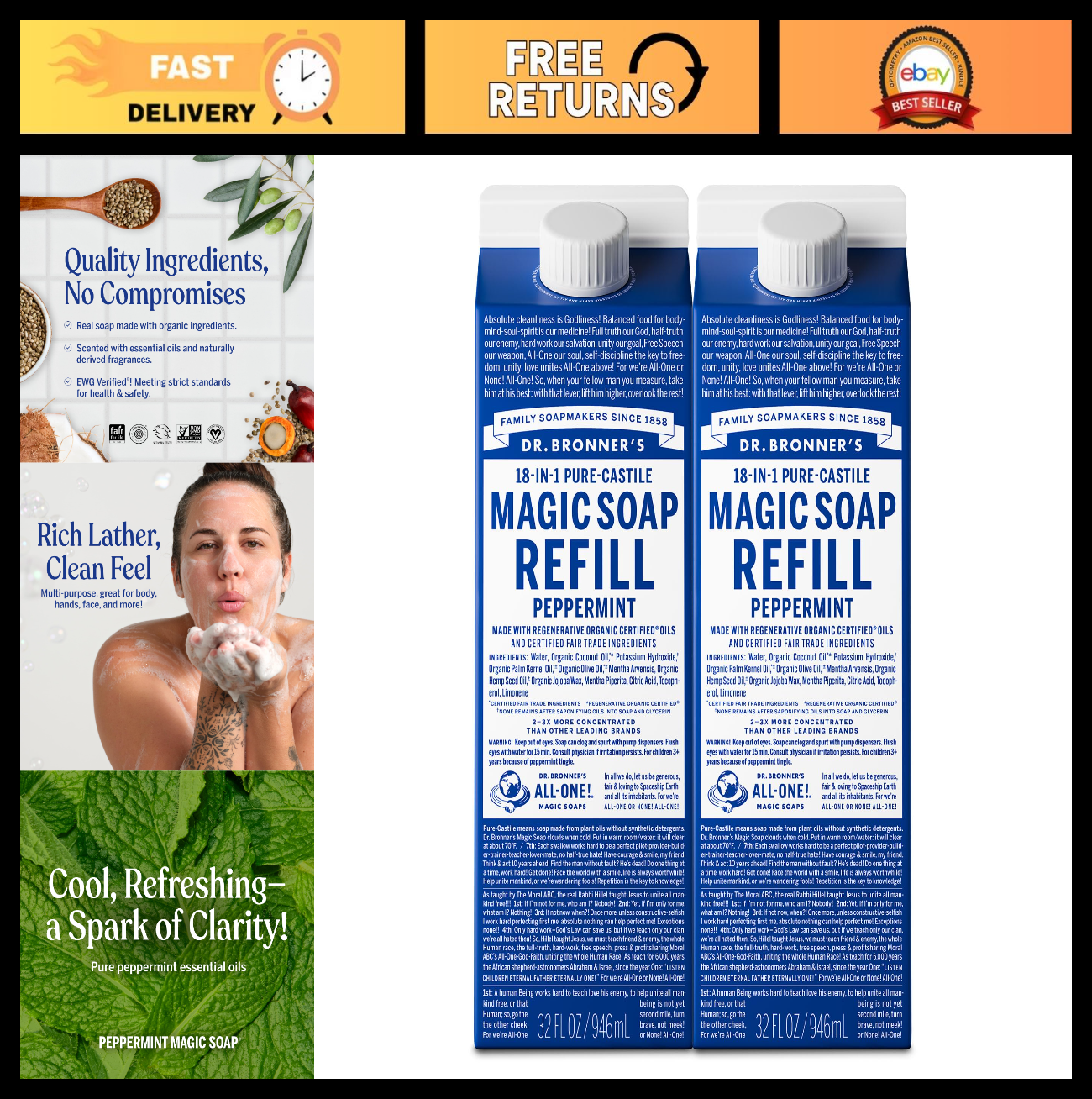 Pure Castile Liquid Soap Refill 32oz (2-Pack) - Peppermint, Organic, Vegan, Mult0