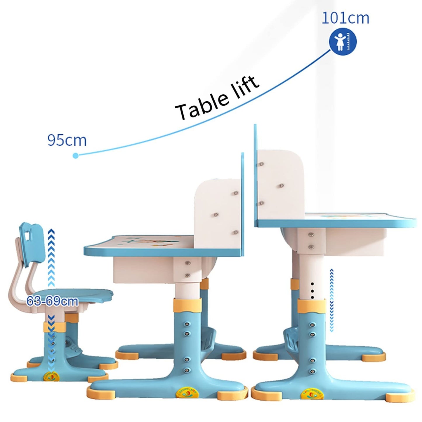Kids Adjustable Height Study Desk & Chair Set, Widened Desktop, Cartoon Design,3