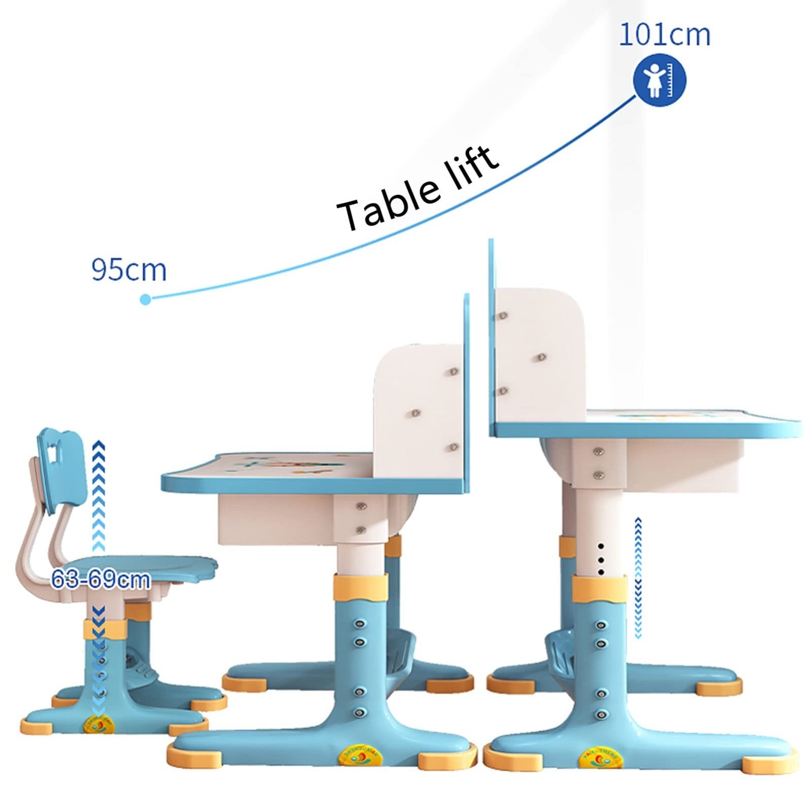 Kids Adjustable Height Study Desk & Chair Set, Widened Desktop, Cartoon Design,3