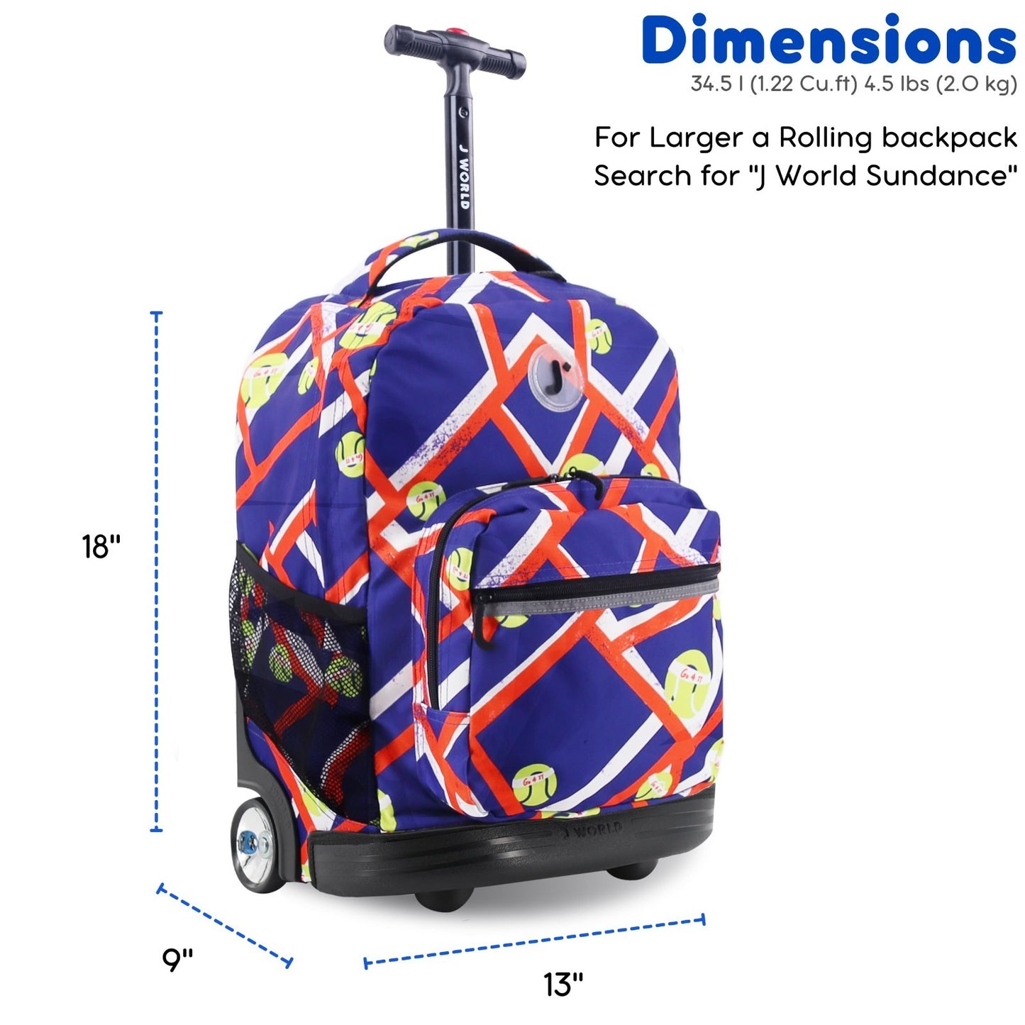 Kids Rolling Backpack with Wheels, 18" School Bookbag for Boys & Girls, Tennis D6
