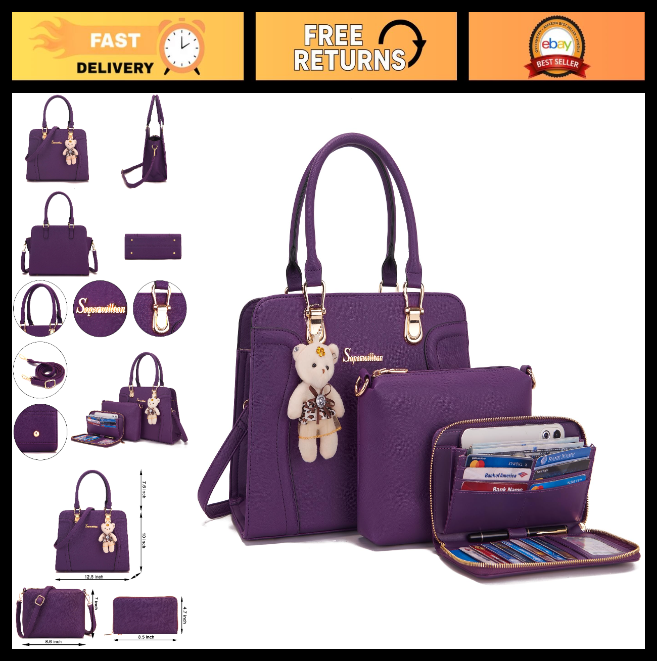 Stylish Women's 3pcs Handbag Set - Shoulder Bag, Satchel & Wallet - Fashion Purs0