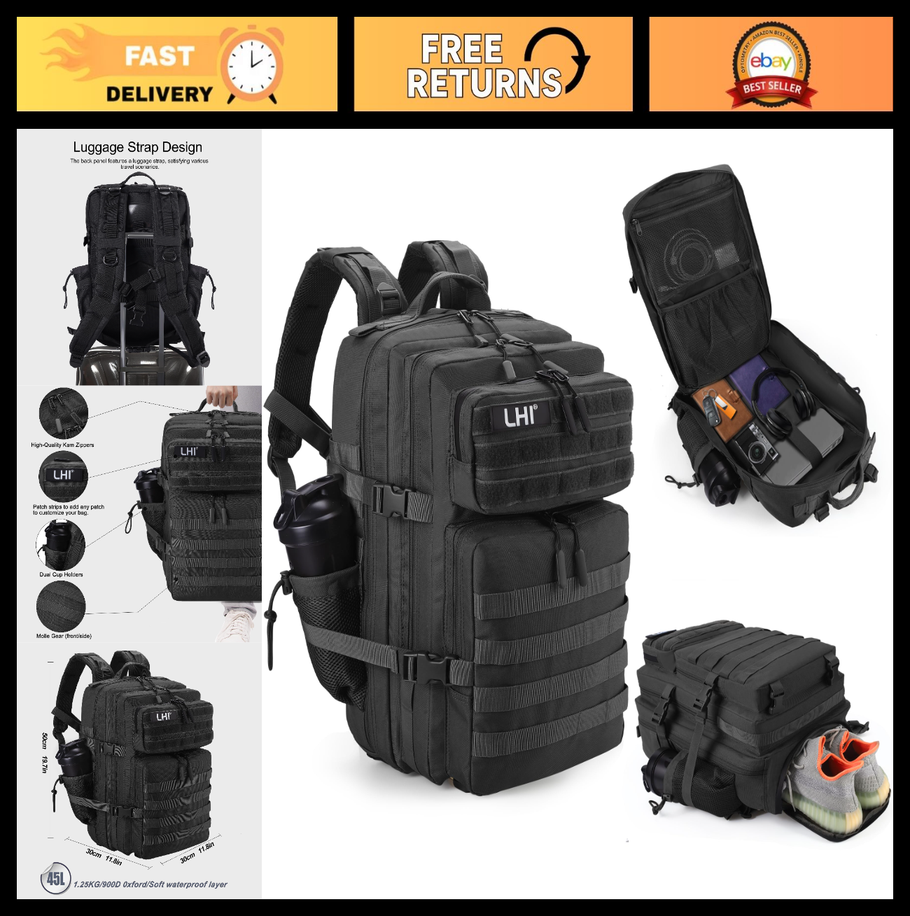 45L Military Tactical Backpack, 3 Day Assault Pack, Large Rucksack with Shoe Com0