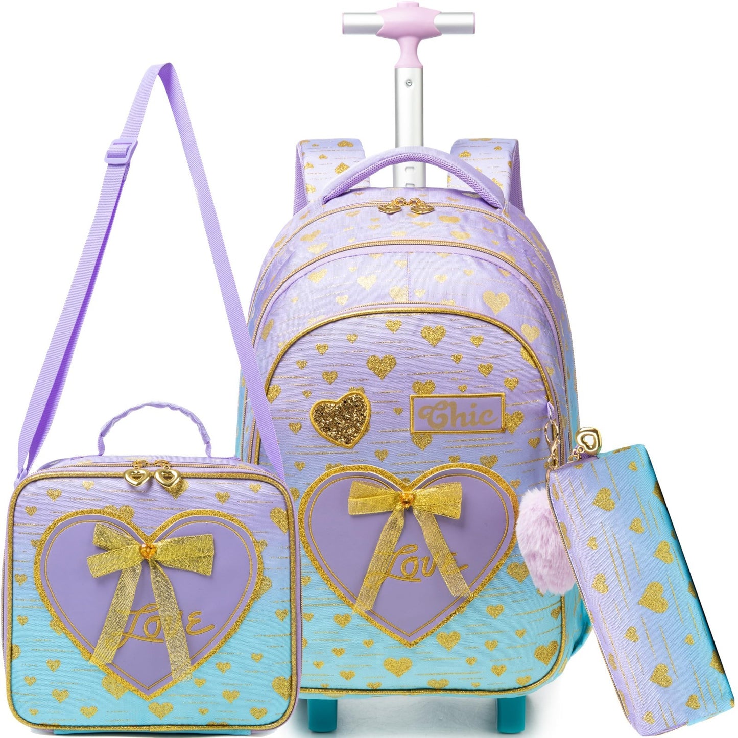 Girls Rolling Backpack with Wheels, Kids Travel Suitcase & Lunch Box, Ages 6 86