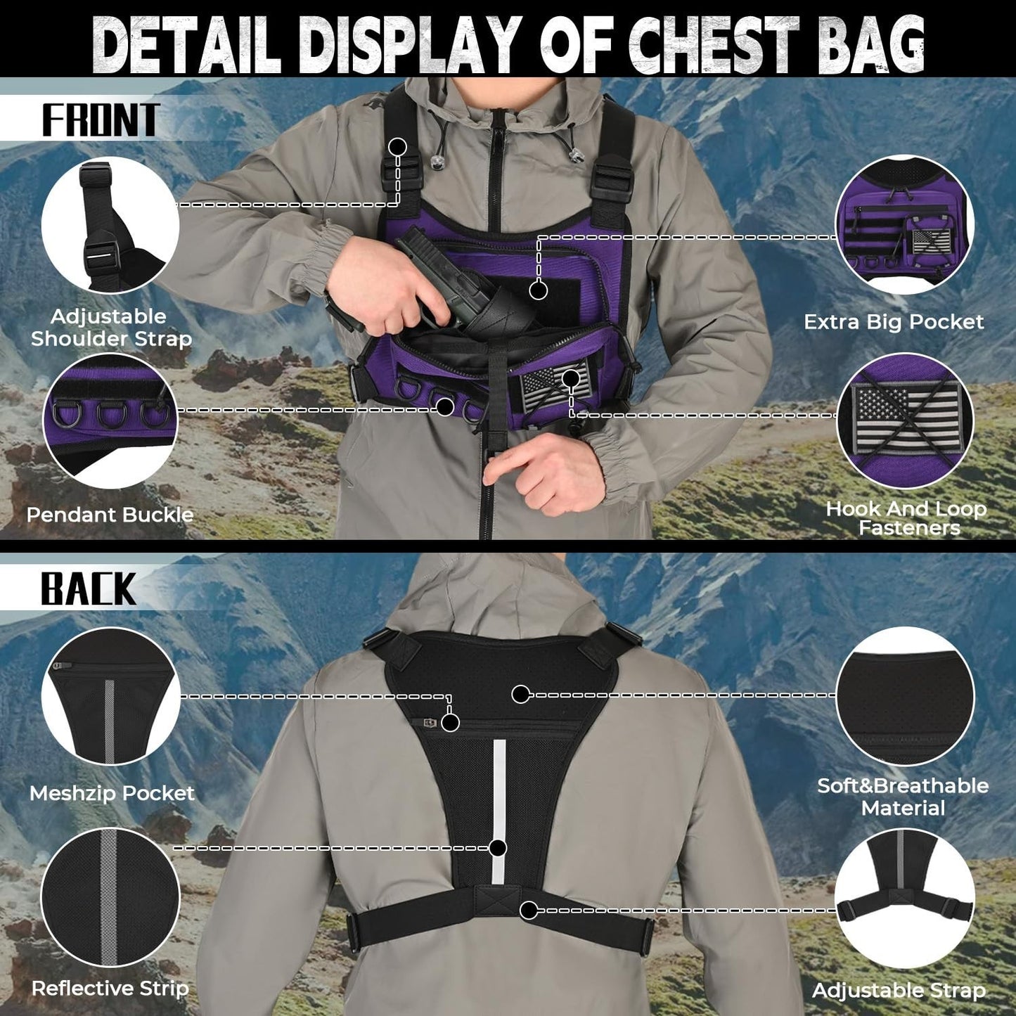 Men's Outdoor Chest Bag - EDC Travel Pack for Running, Hiking & Pistol Carry3