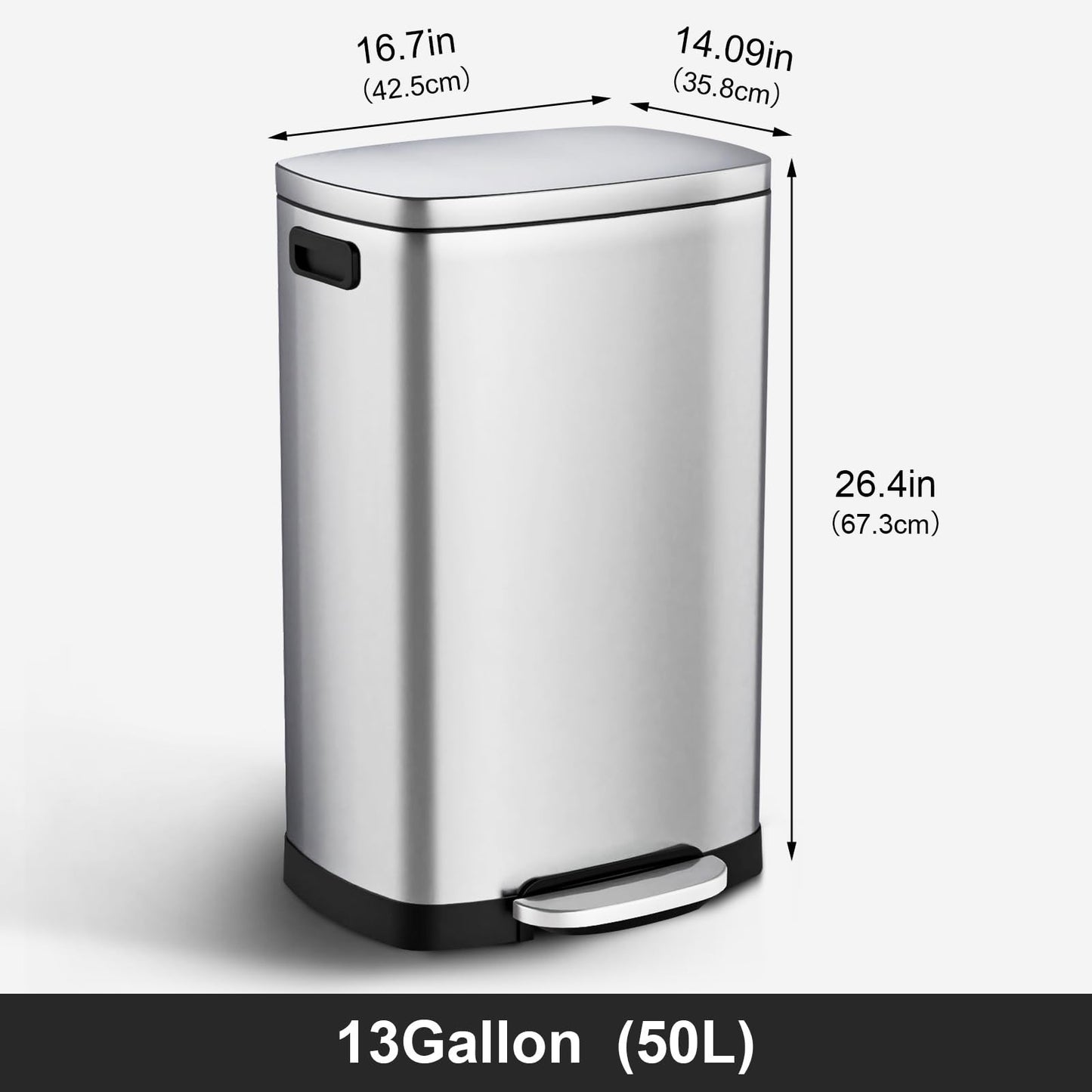 Stainless Steel 13 Gal Kitchen Trash Can with Soft Close Lid, Pedal & Removable3