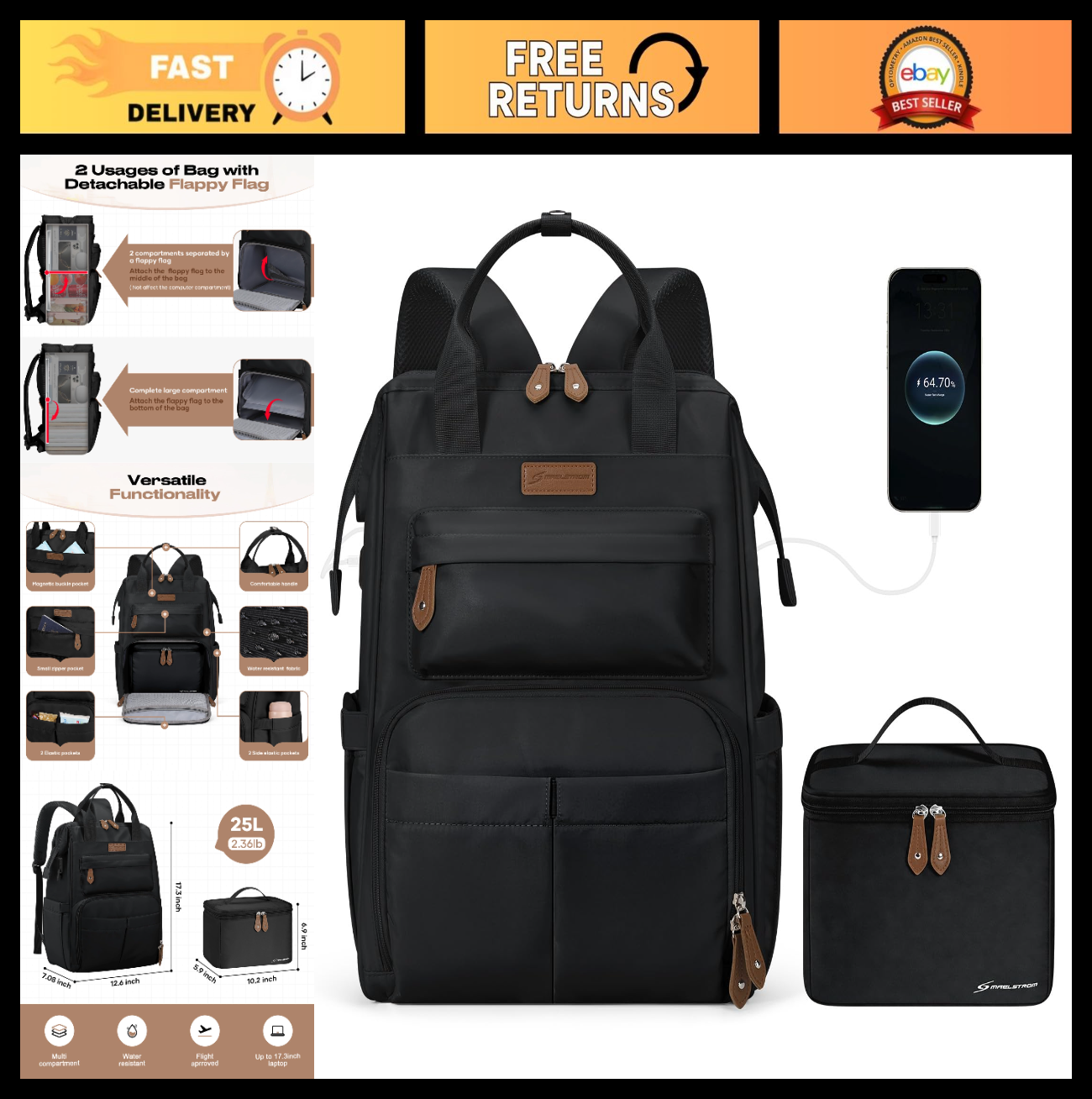 15.6 17.3" Laptop Backpack with Lunch Box, Stylish Work Bag for Men & Women0