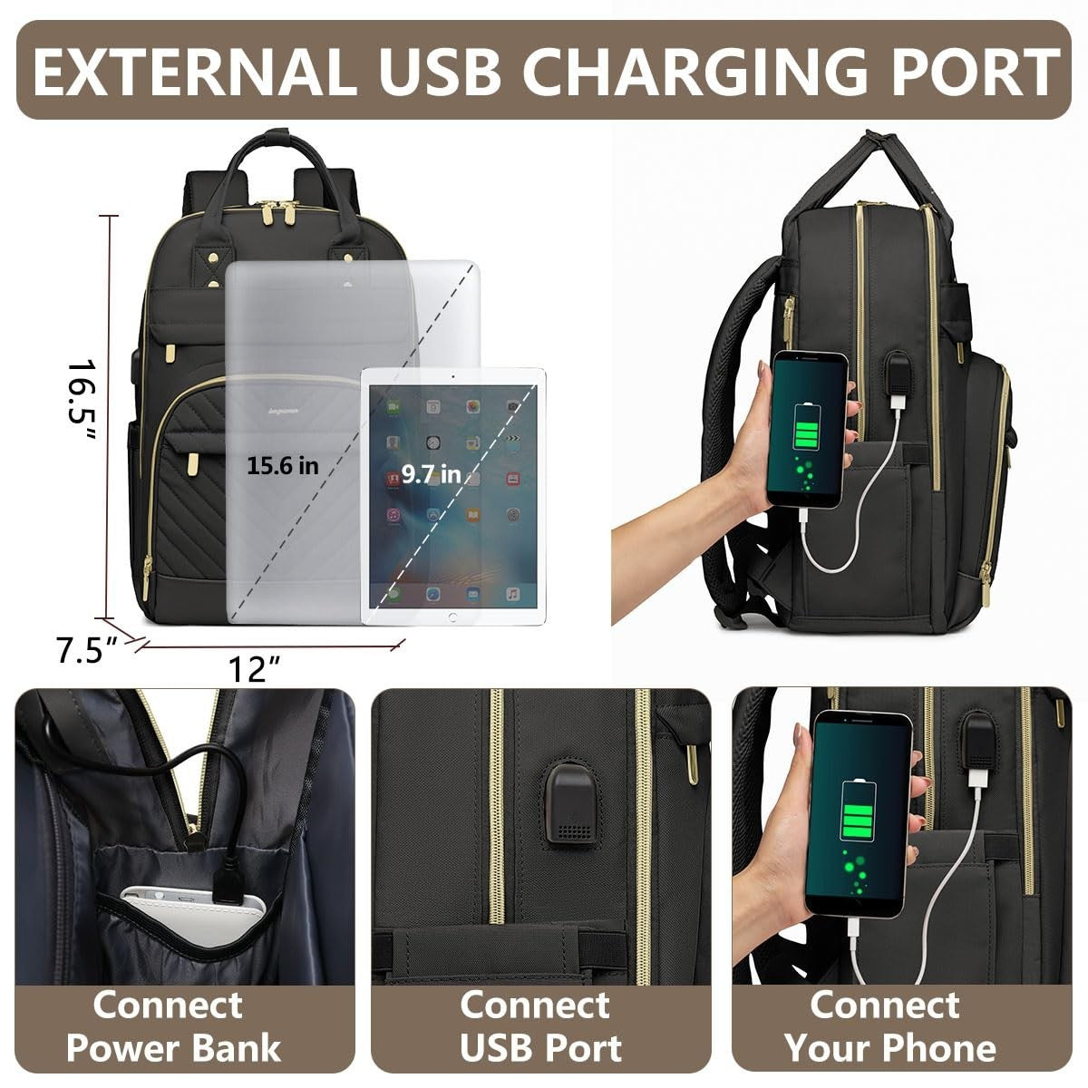 Stylish 15.6" Laptop Backpack for Women   Waterproof Travel Work Bag with USB Ch3