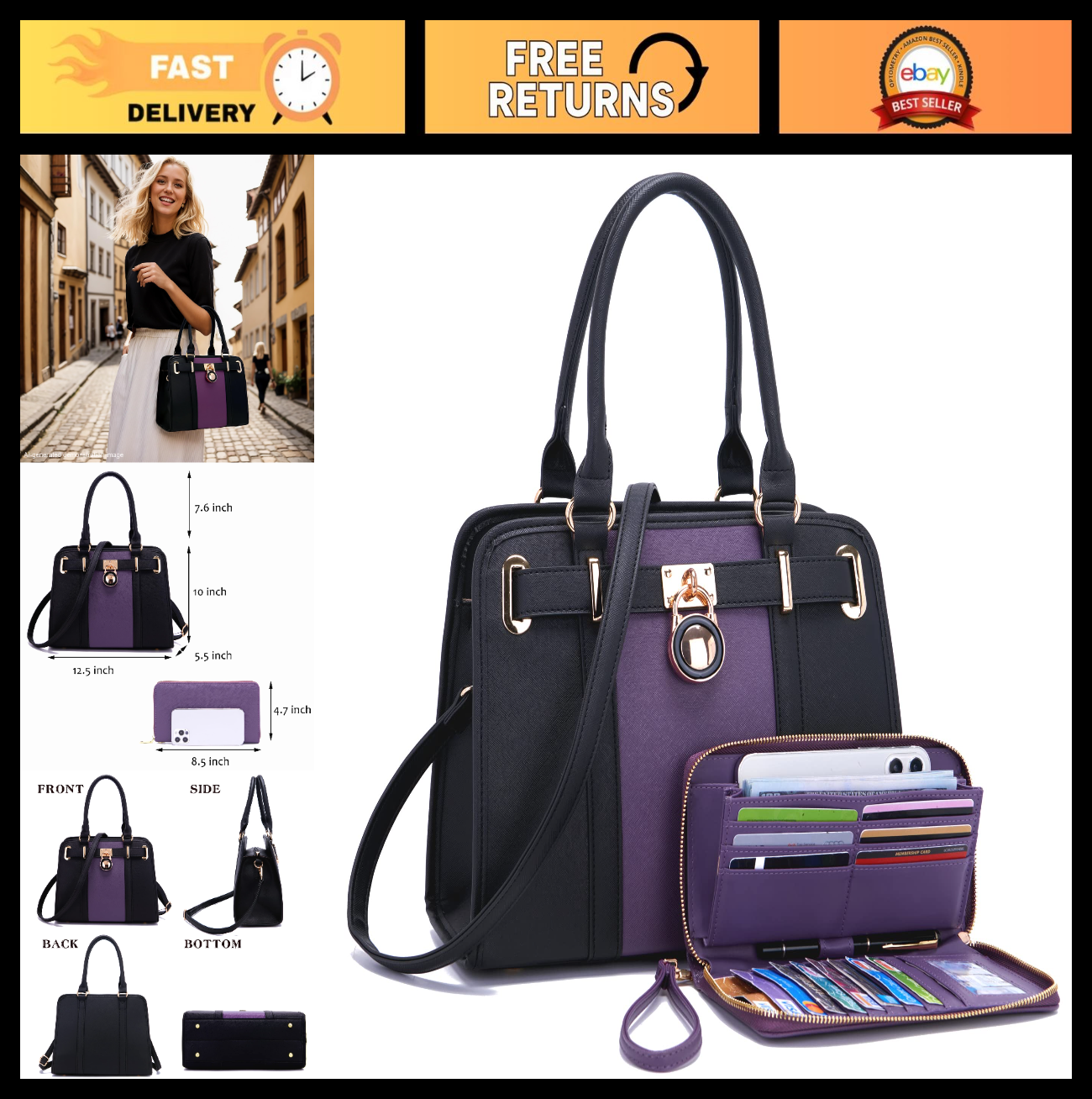 Stylish Women's Structured Satchel Tote Handbag Set with RFID Wallet - Fashion P0