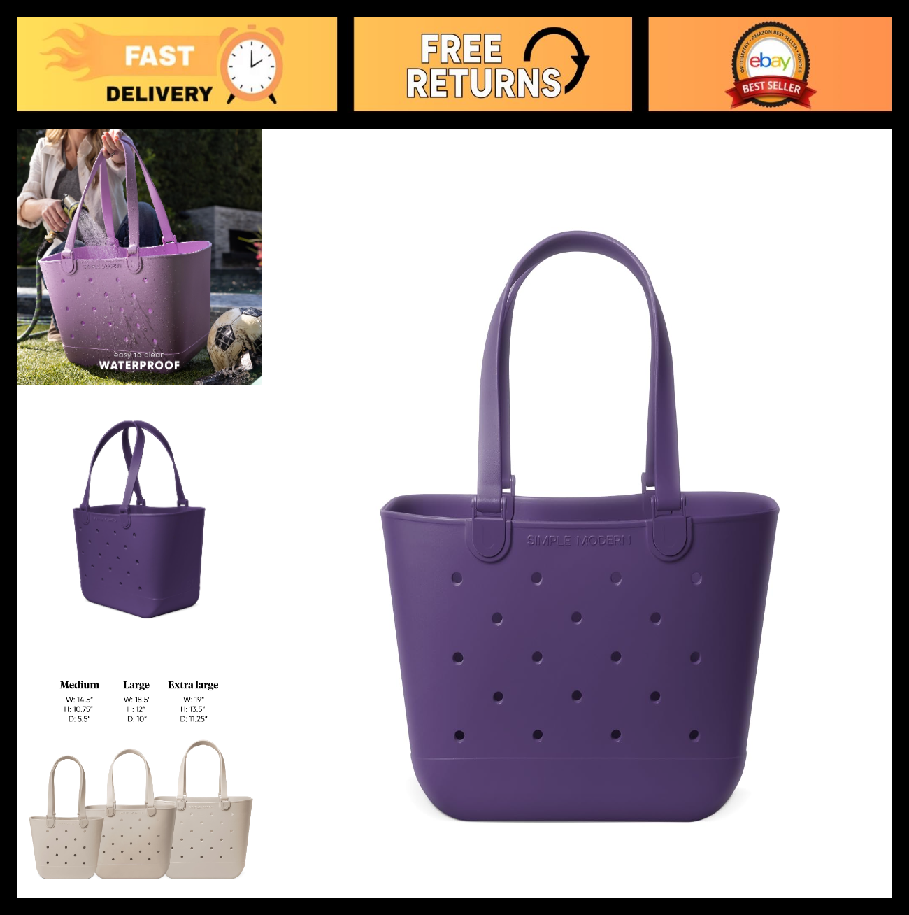 Large Waterproof Rubber Beach Tote Bag | Purple Getaway Bag with Zipper Pocket |0