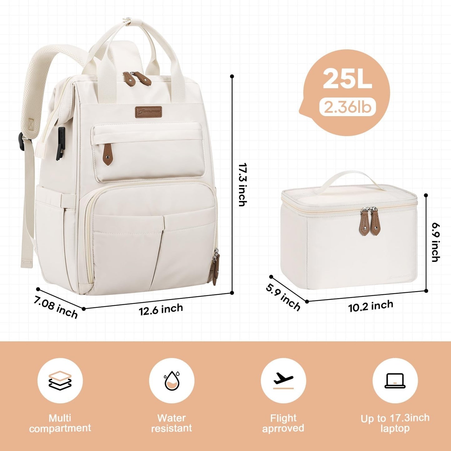 Travel Backpack for Men & Women, Fits 15.6-17.3" Laptop, Insulated Lunch Bag, Be3