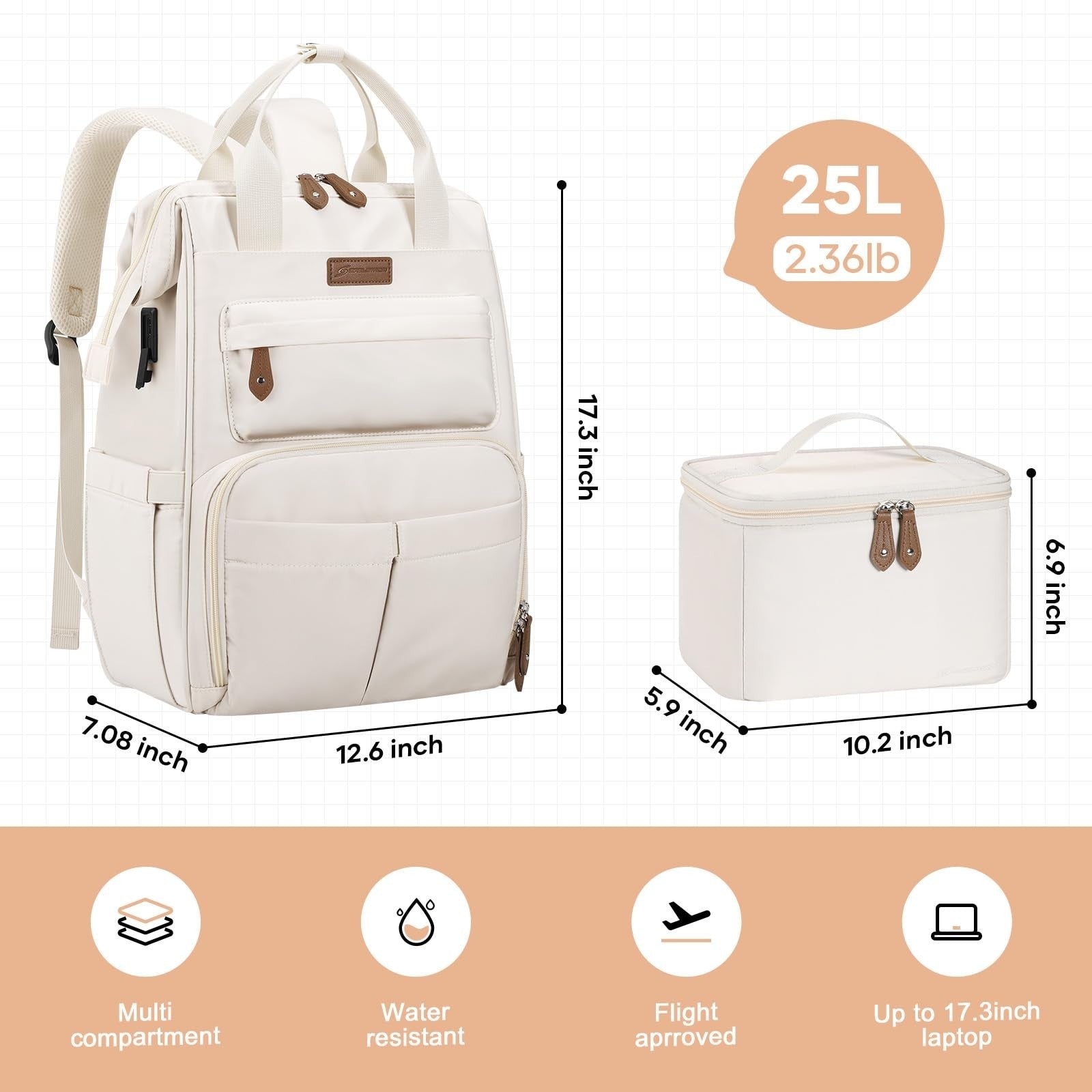 Travel Backpack for Men & Women, Fits 15.6-17.3" Laptop, Insulated Lunch Bag, Be3
