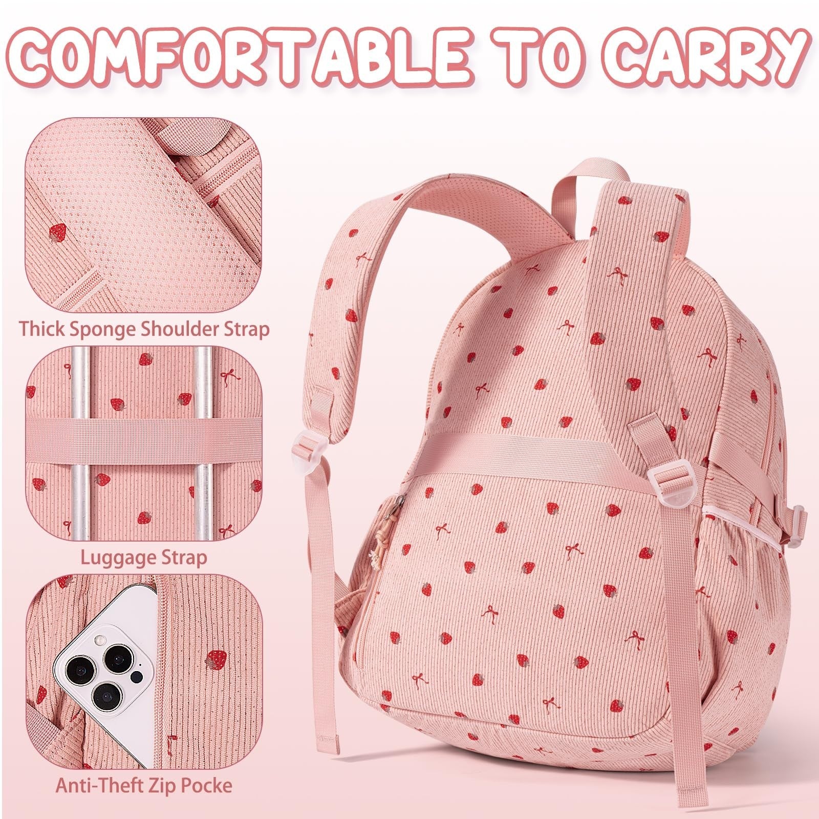 Stylish Corduroy Backpack Set for Girls   3PCS Kids Backpack with Lunch Box4