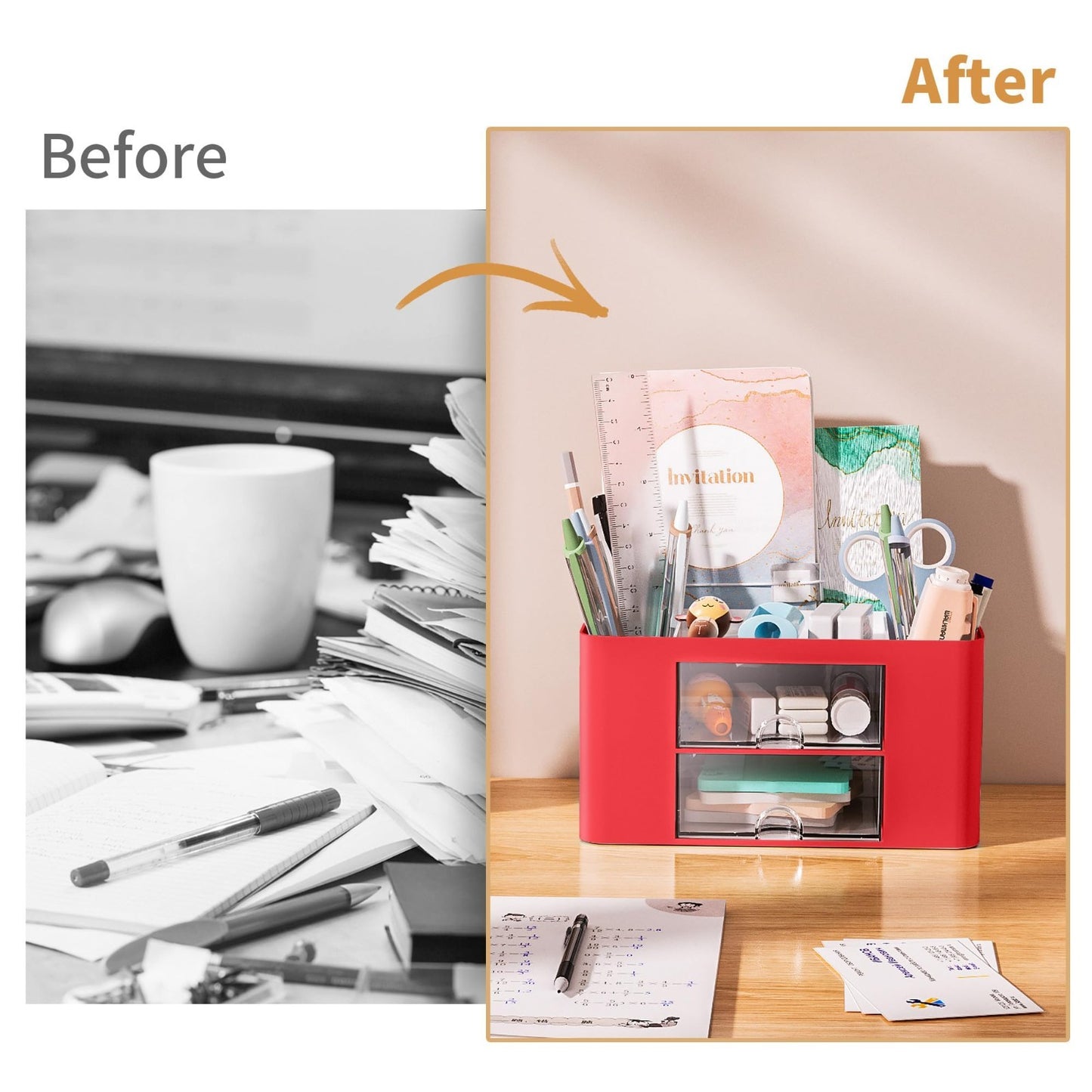 Multi Functional Desk Organizer with 2 Drawers, 5 Compartments for Office Suppli5