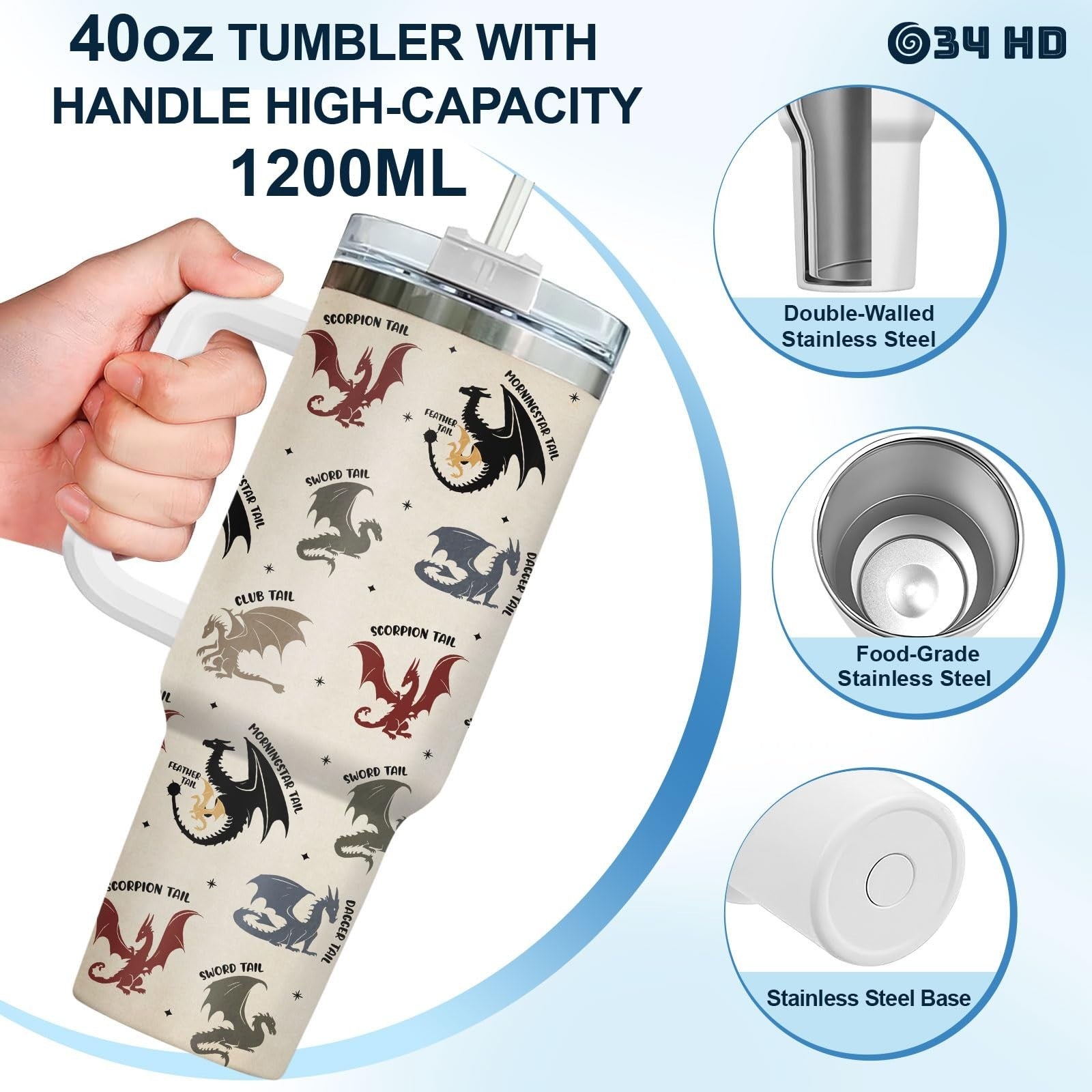40oz Insulated Tumbler with Handle & Straw   Fantasy Dragon Coffee Mug, Gifts fo8