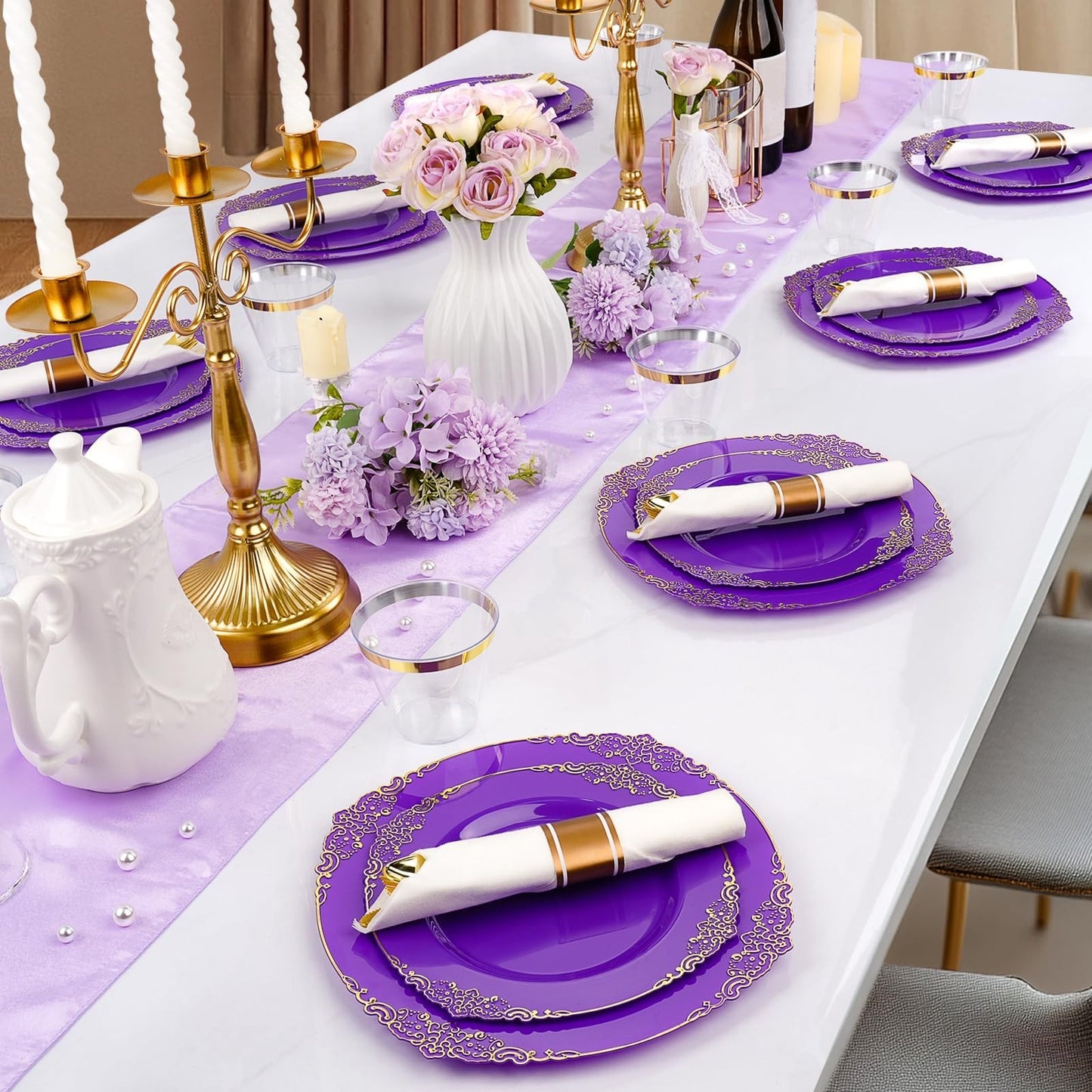 350-Piece Purple & Gold Disposable Dinnerware Set for 50 Guests | Plates, Silver5