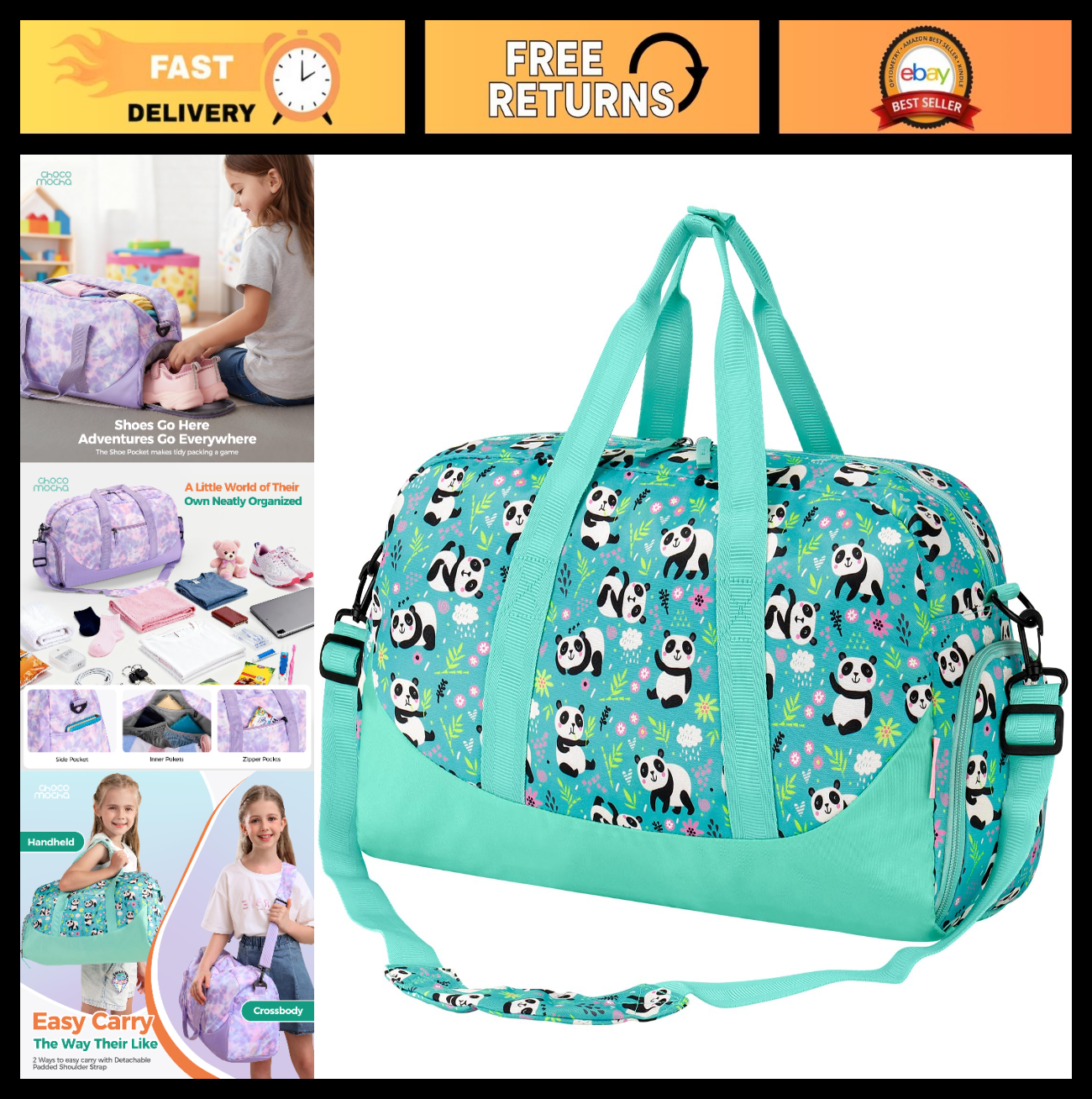 Girls Panda Duffle Bag - Large Overnight Travel Bag with Shoes Compartment, Gree0