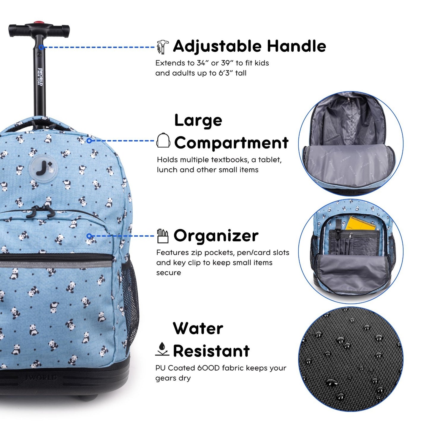 Kids Rolling Backpack with Wheels, Panda Design, School Bookbag for Boys & Girls5