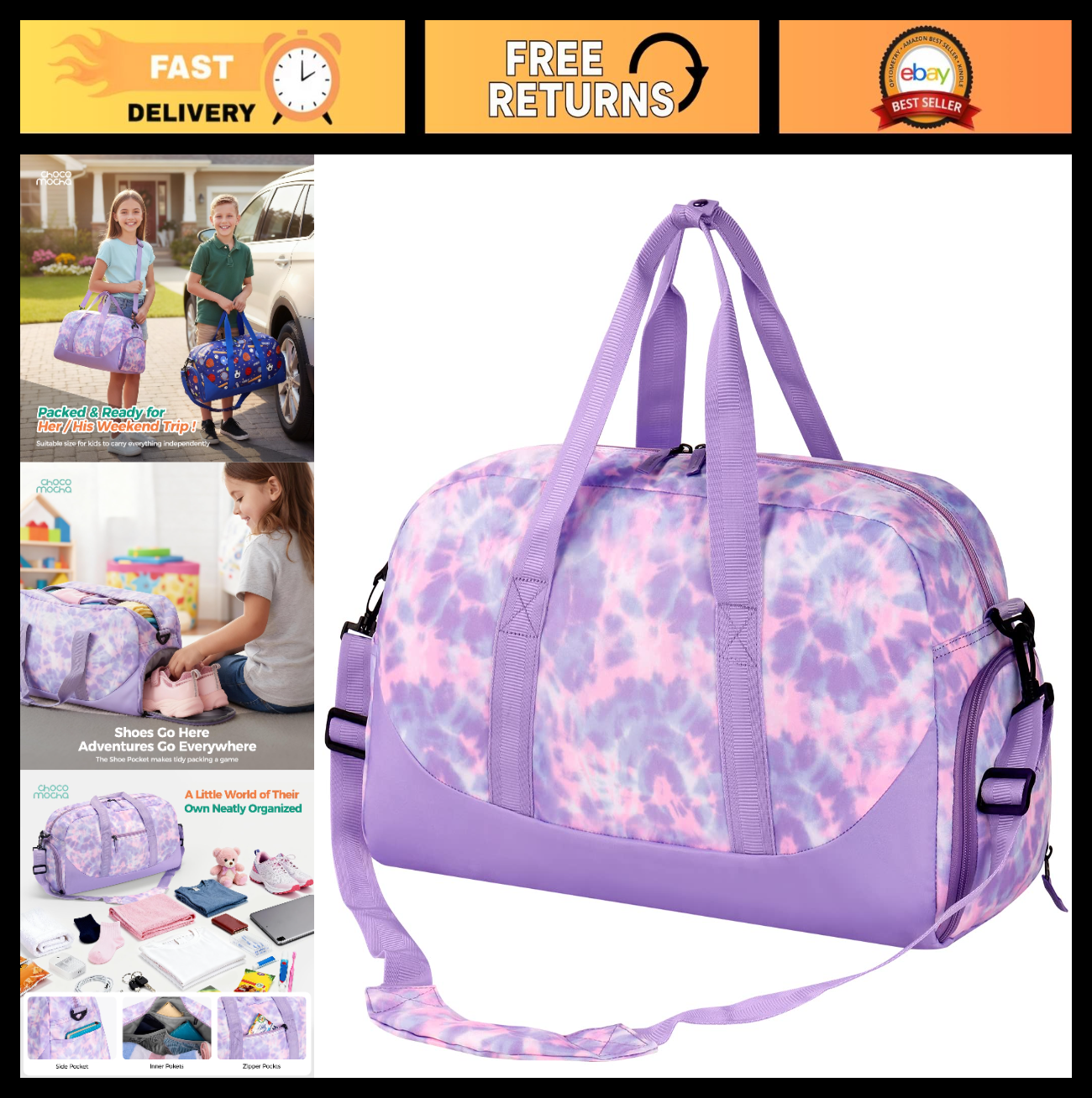 Girls Tie Dye Duffle Bag for Kids, Large Overnight Travel Bag with Shoe Compartm0
