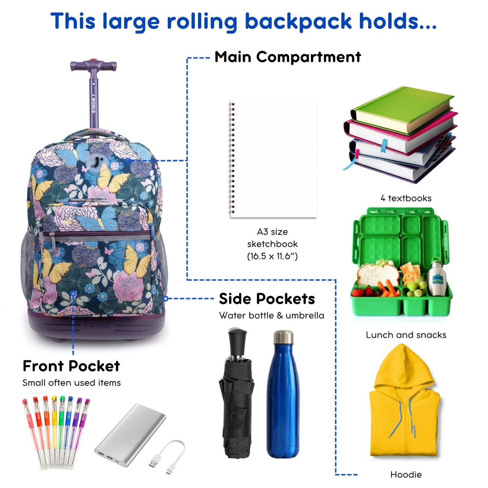 Kids Rolling Backpack with Wheels, 18" School Bookbag for Girls & Boys, Floral D3
