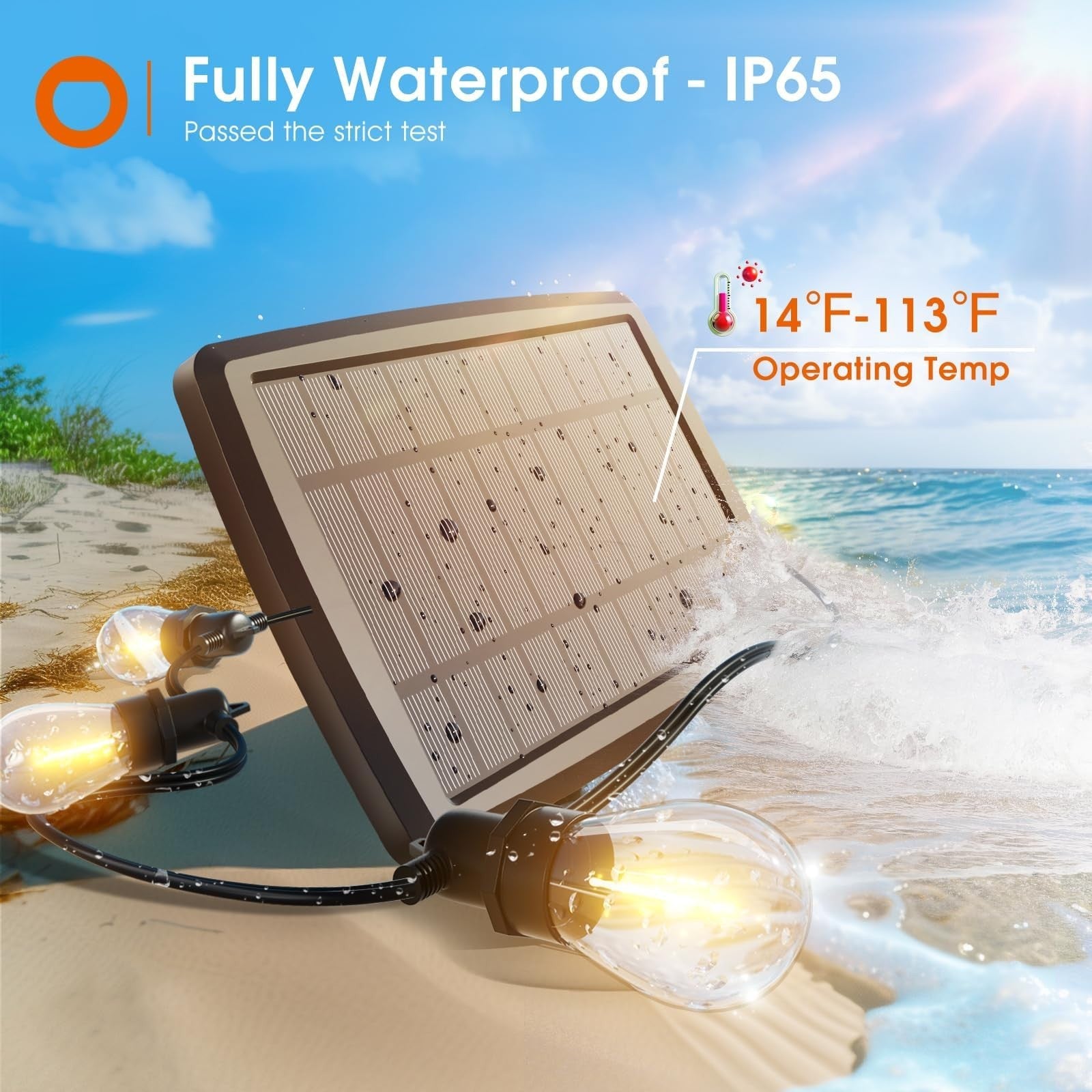 102FT Solar String Lights Outdoor, USB Charging, IP65 Waterproof, Dimmable Timer2