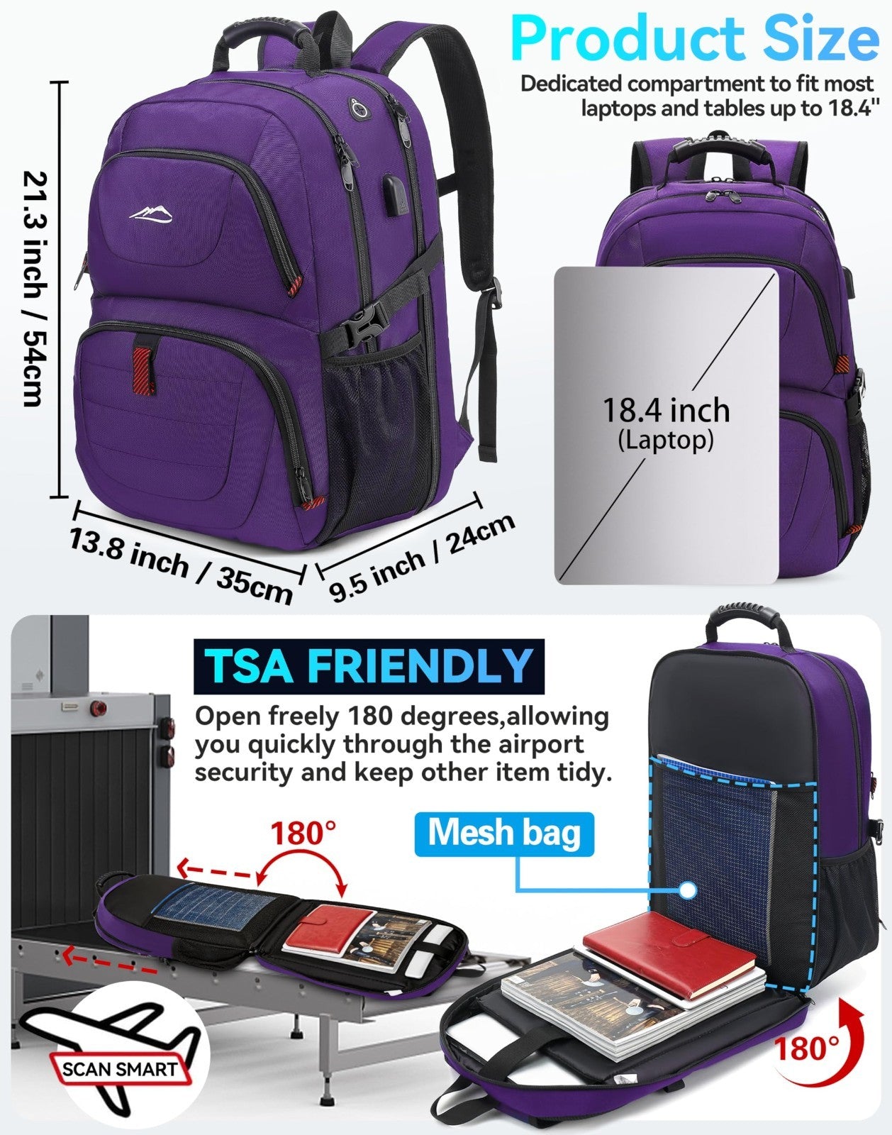 Extra Large Anti Theft Travel Backpack for 18.4" Laptop, USB Charging, College &2