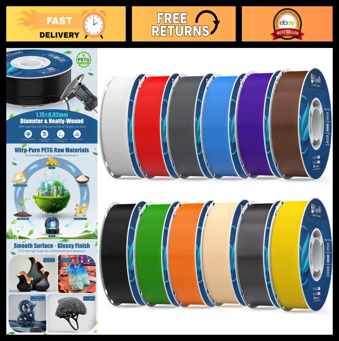 12 Rolls PLA 3D Printer Filament 1.75mm, 12kg Total, Low Odor, High Accuracy, FD0