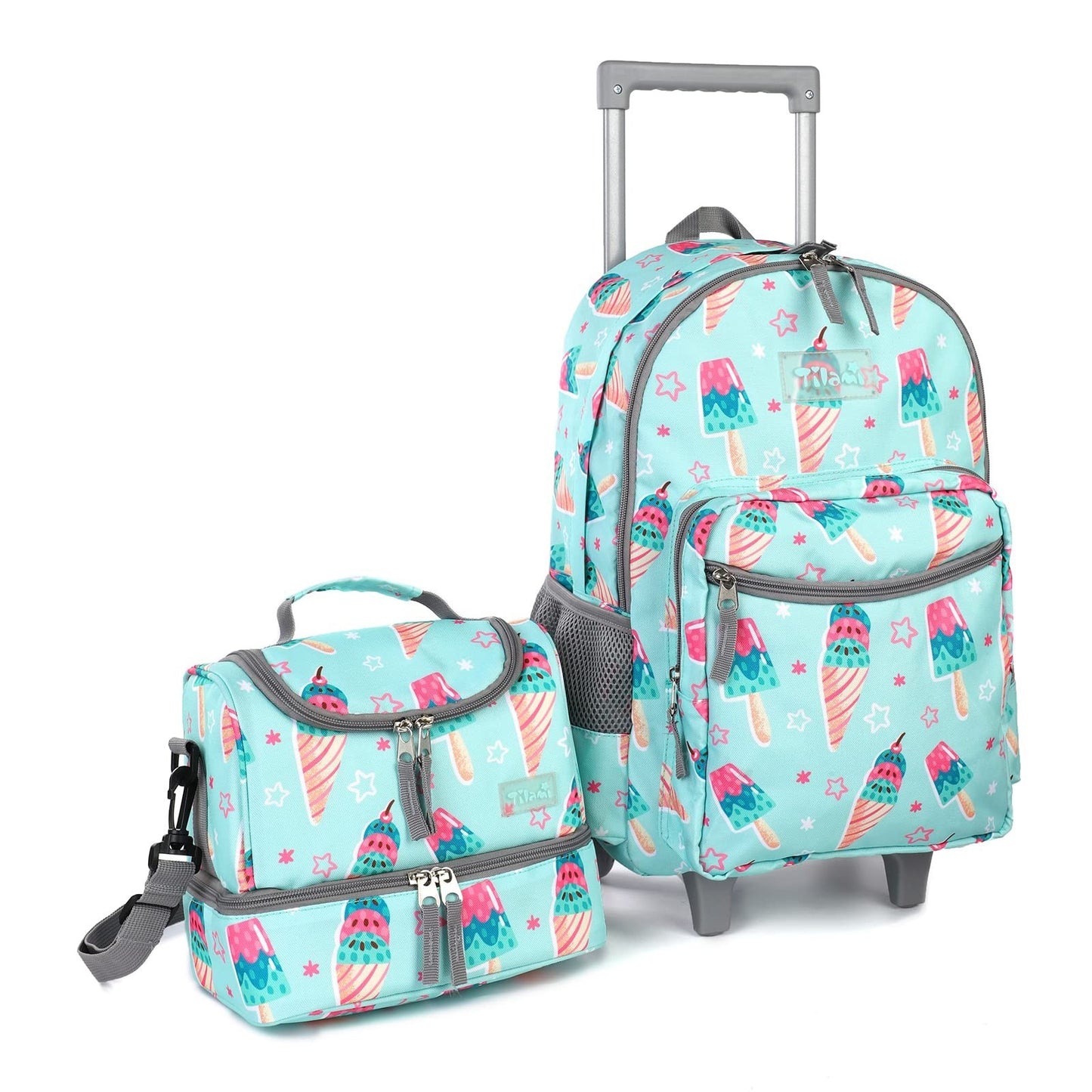 Wheeled Kids Backpack 18" with Lunch Bag, Double Handle, Ice Cream Green, Girls1