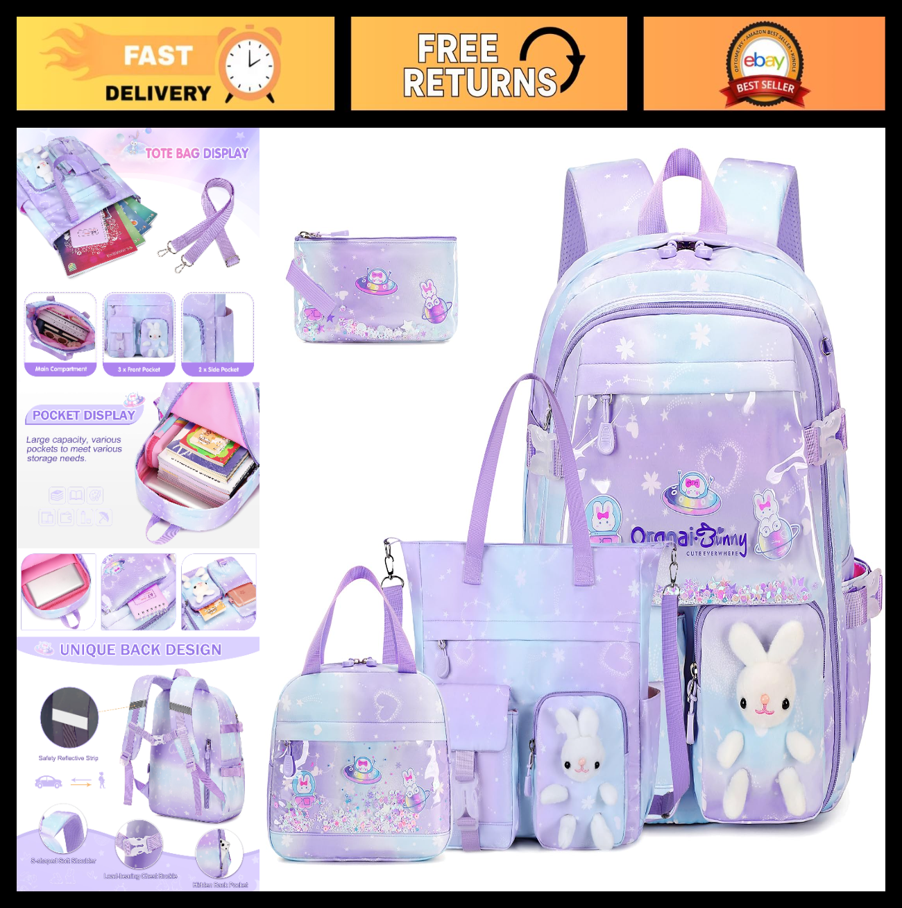 Kawaii Bunny Girls Backpack Set, 4PCS School Bags with Tote, Lunch Box & Pencil0
