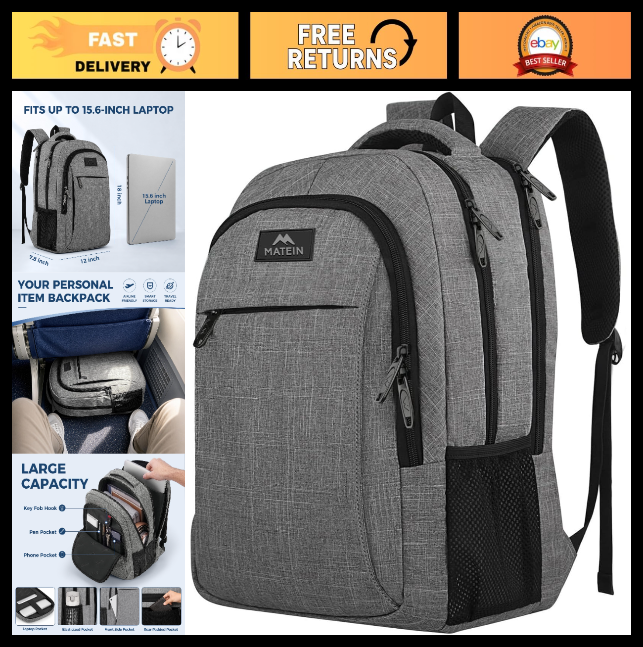 Spacious 15.6" Travel Laptop Backpack   College School Computer Bag, Grey0